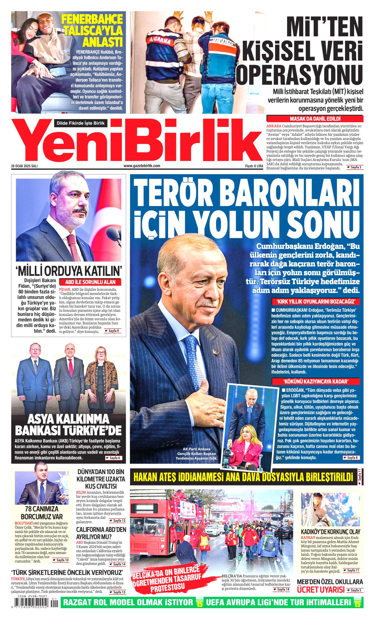 YENİBİRLİK gazetesinin 28 Ocak 2025 tarihli birinci sayfası