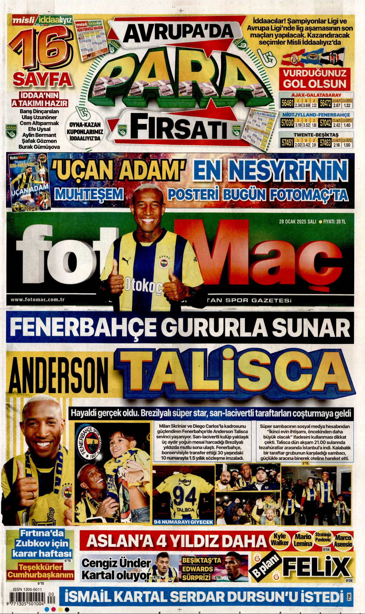 FOTOMAÇ gazetesinin 28 Ocak 2025 tarihli birinci sayfası