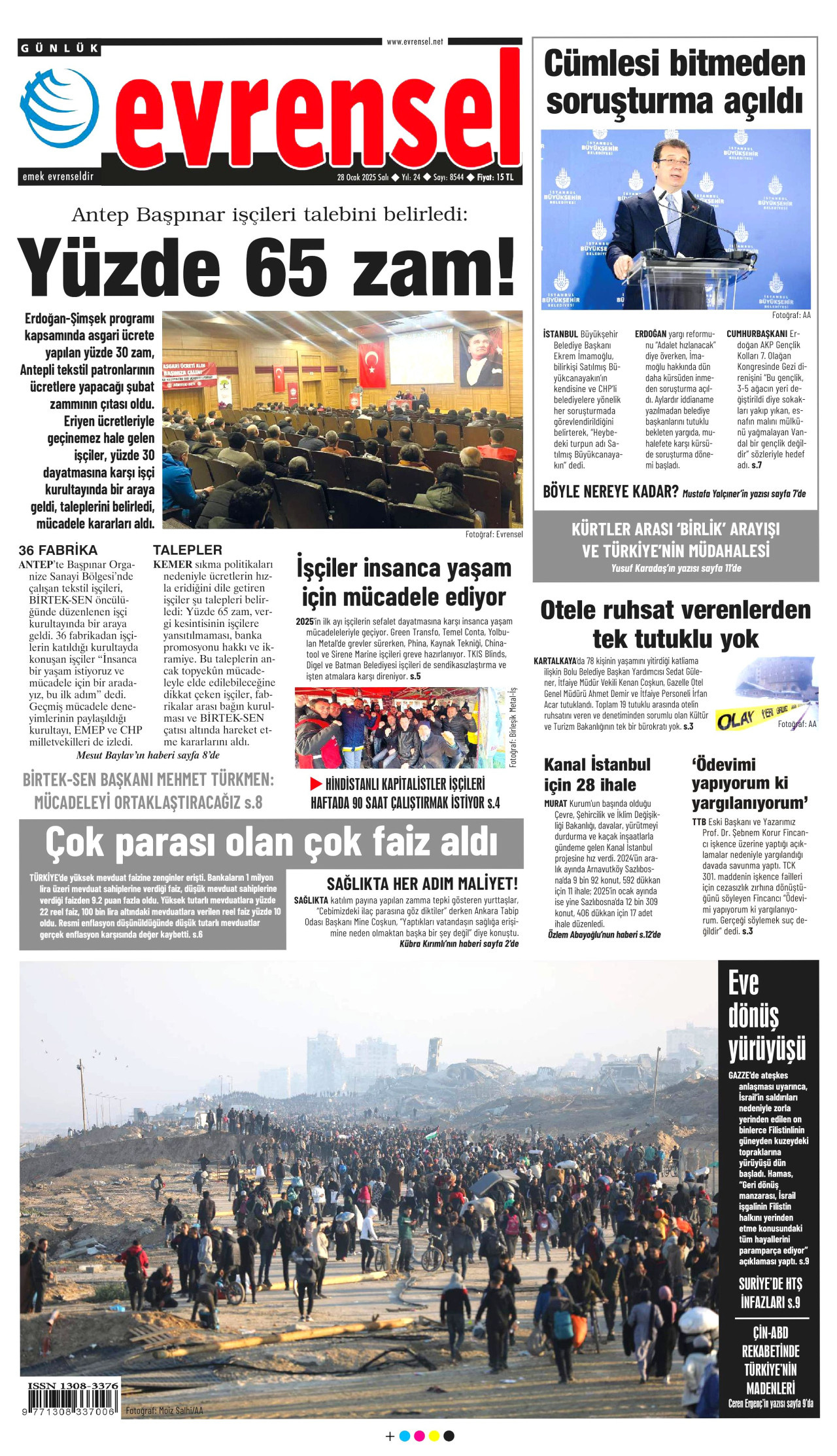 EVRENSEL gazetesinin 28 Ocak 2025 tarihli birinci sayfası