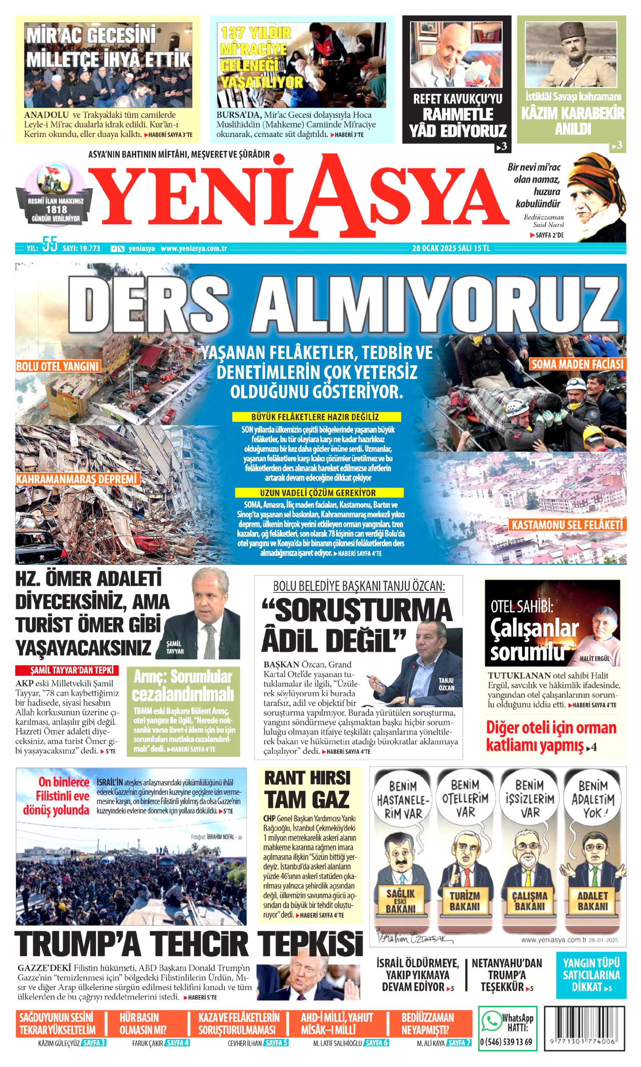 YENİ ASYA gazetesinin 28 Ocak 2025 tarihli birinci sayfası