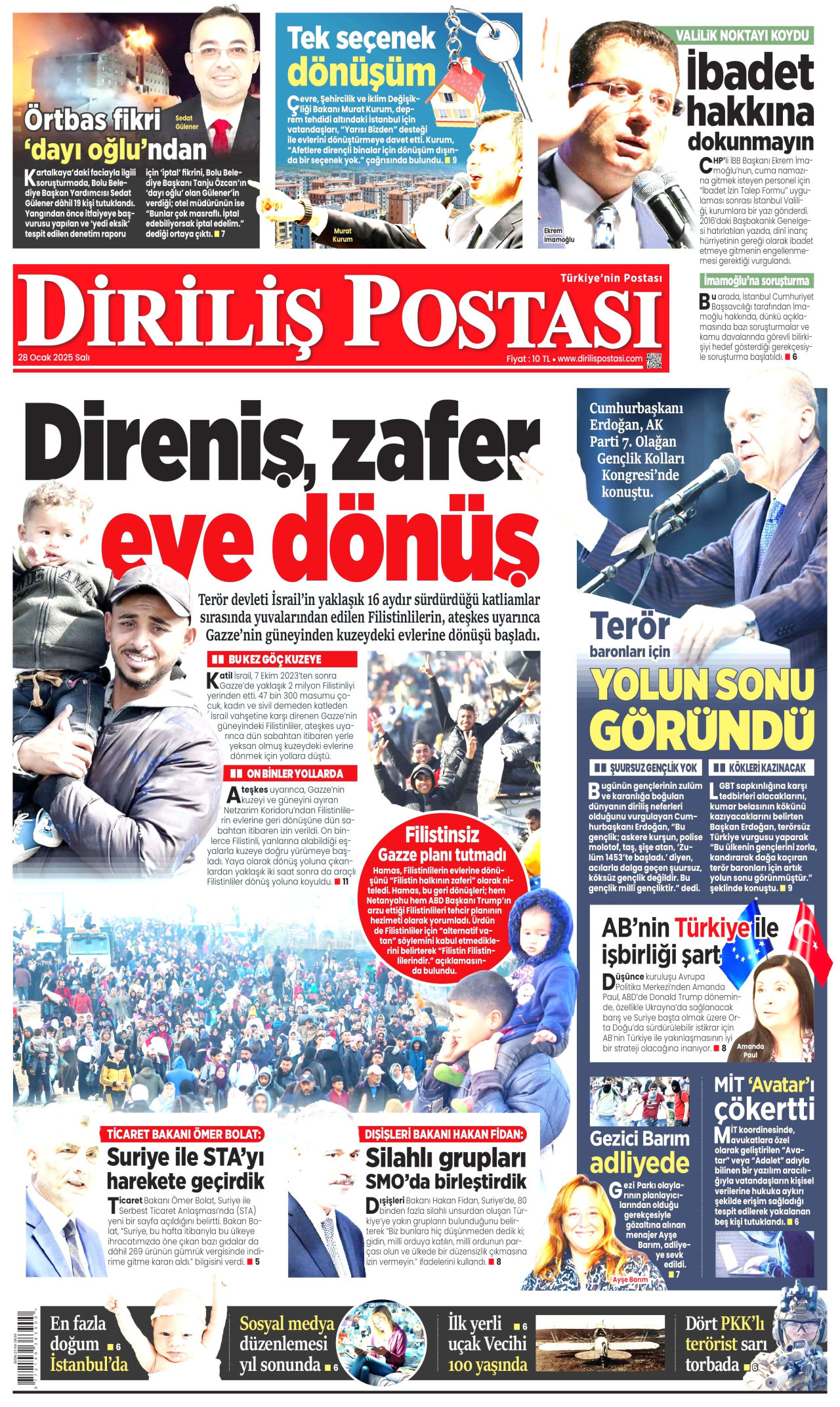 DİRİLİŞ POSTASI gazetesinin 28 Ocak 2025 tarihli birinci sayfası