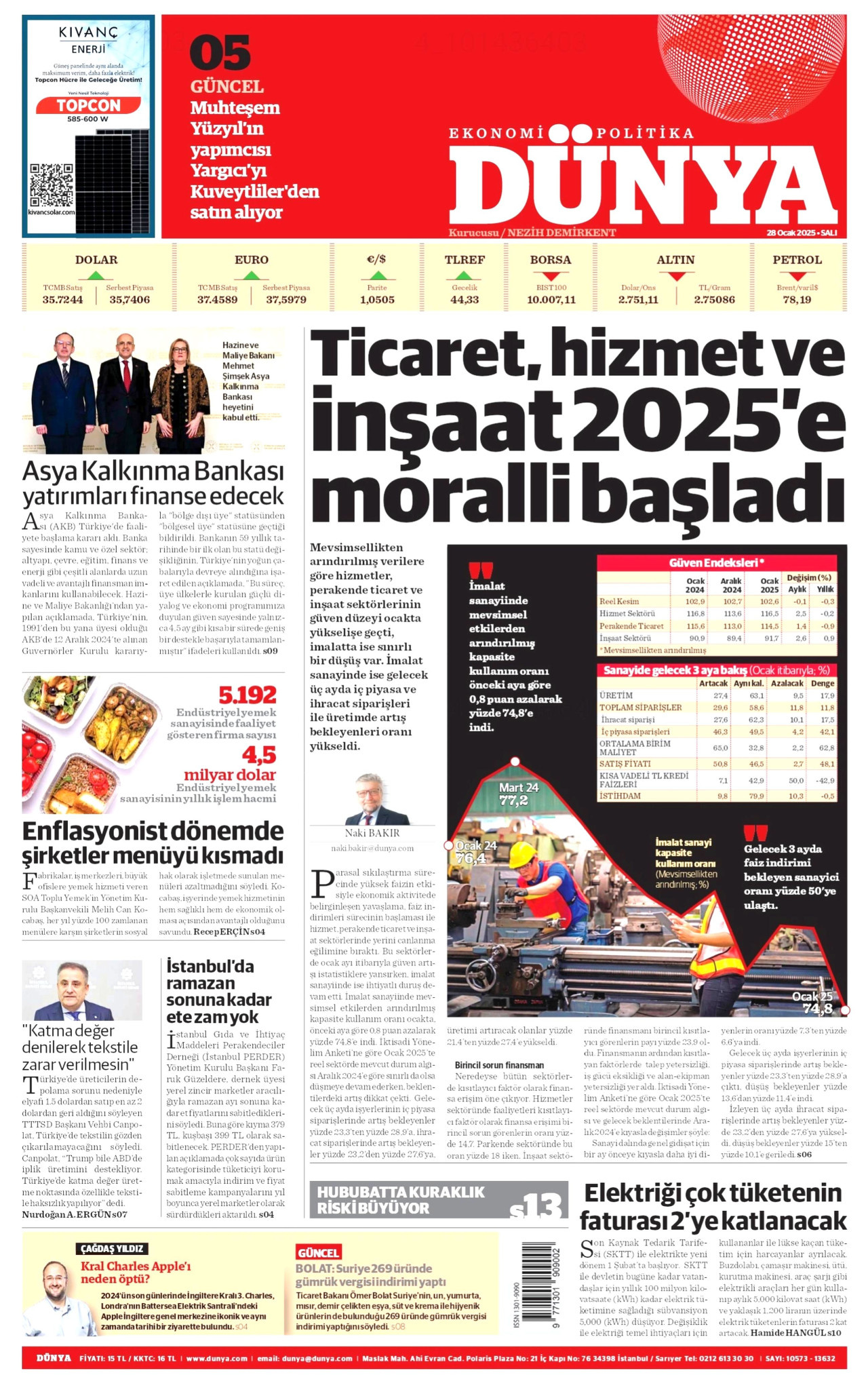 DÜNYA gazetesinin 28 Ocak 2025 tarihli birinci sayfası