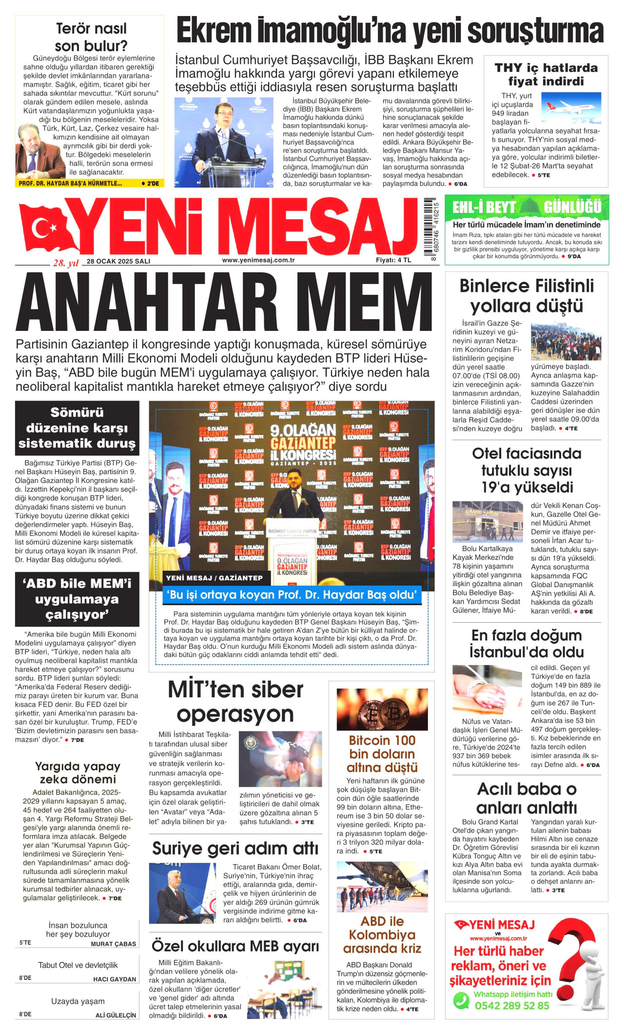YENİ MESAJ gazetesinin 28 Ocak 2025 tarihli birinci sayfası