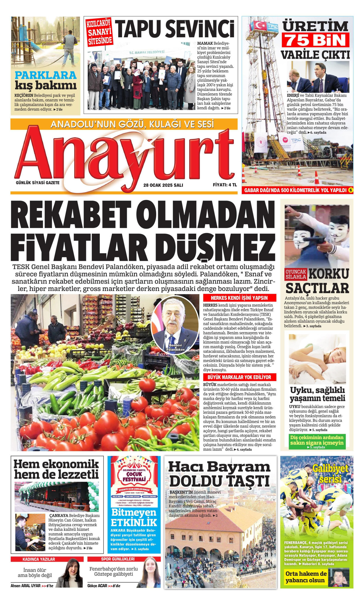 ANAYURT gazetesinin 28 Ocak 2025 tarihli birinci sayfası