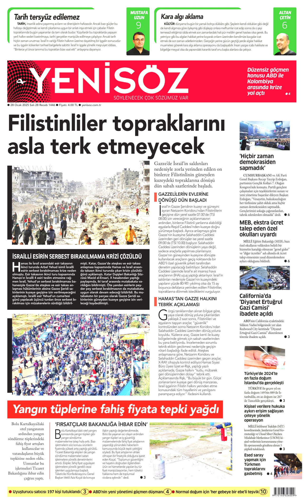YENİ SÖZ GAZETESİ gazetesinin 28 Ocak 2025 tarihli birinci sayfası