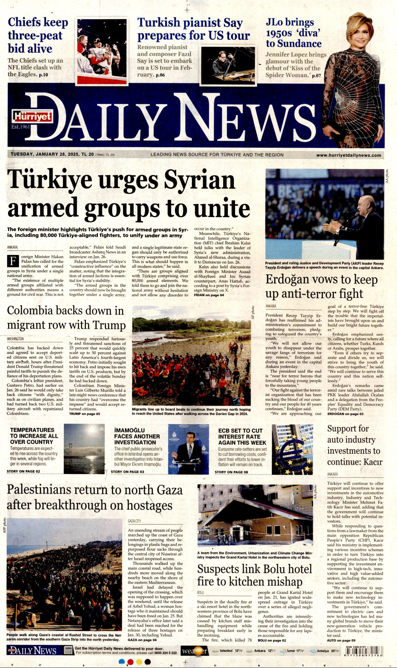 HÜRRİYET DAİLY NEWS gazetesinin 28 Ocak 2025 tarihli birinci sayfası