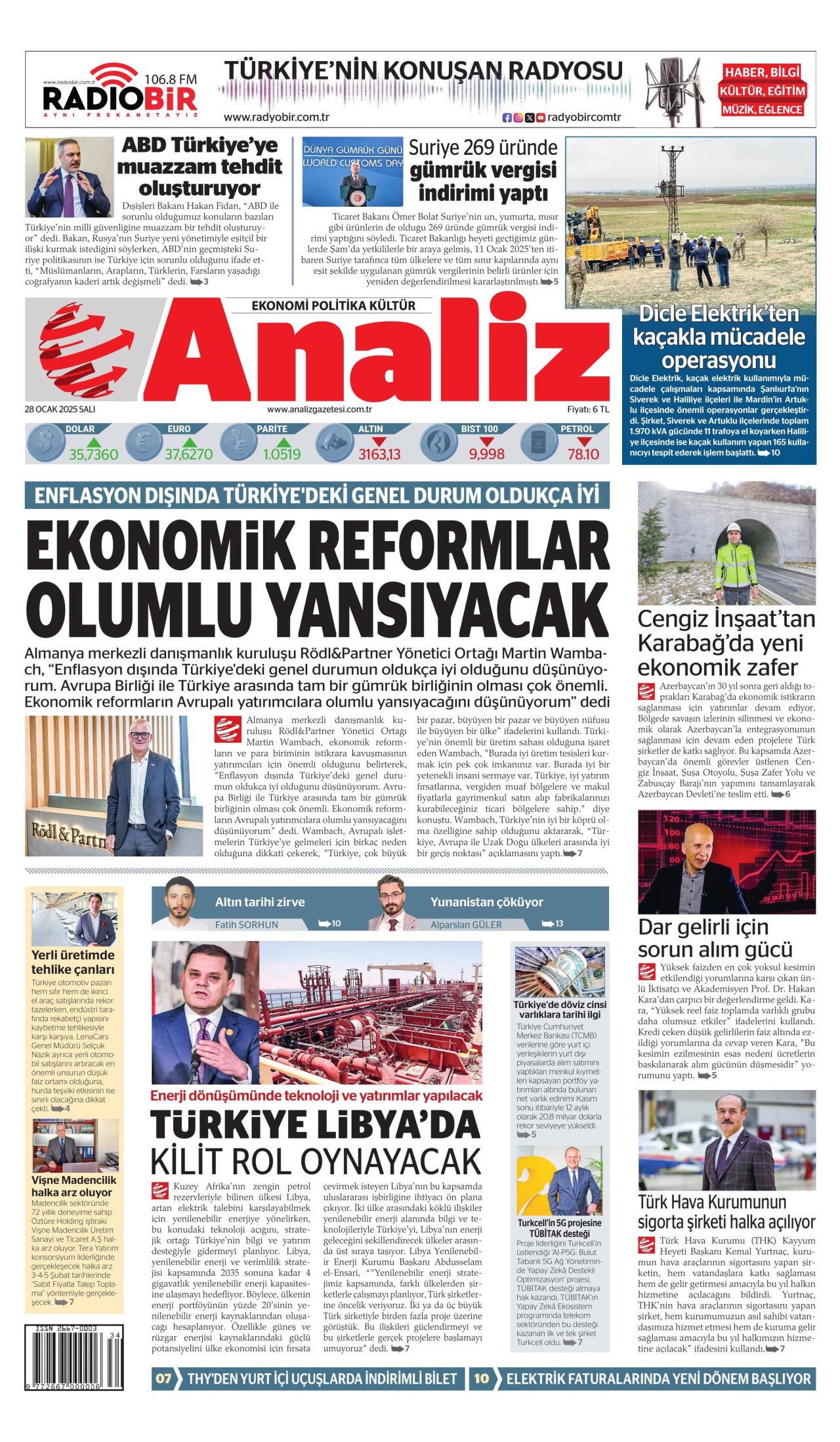 ANALİZ gazetesinin 28 Ocak 2025 tarihli birinci sayfası