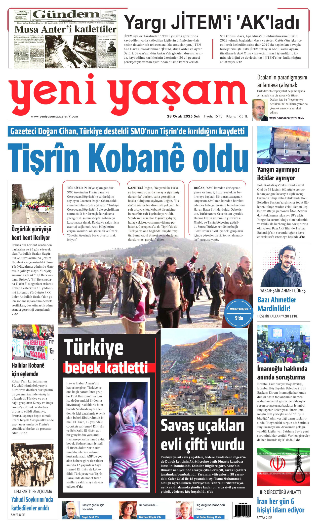 YENİ YAŞAM gazetesinin 28 Ocak 2025 tarihli birinci sayfası