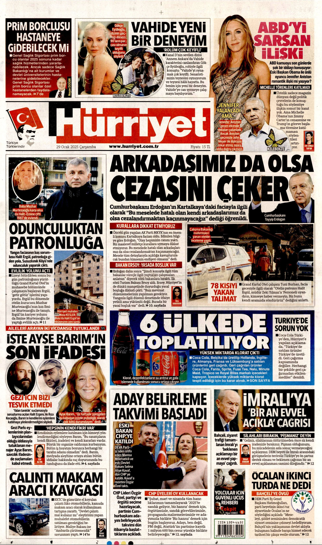 HÜRRİYET gazetesinin 29 Ocak 2025 tarihli birinci sayfası