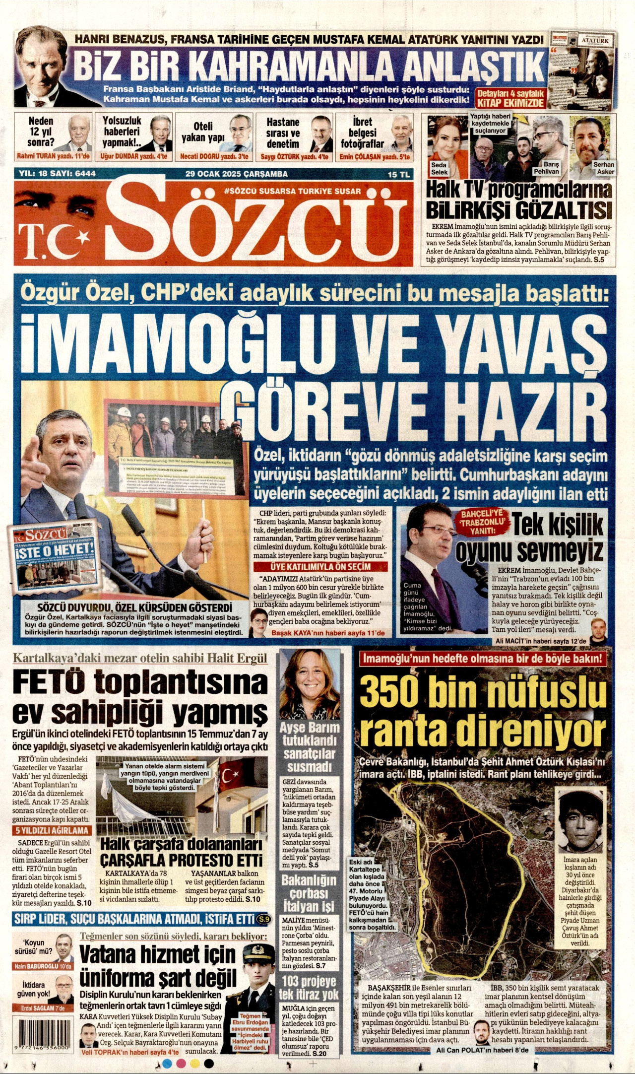 SÖZCÜ gazetesinin 29 Ocak 2025 tarihli birinci sayfası