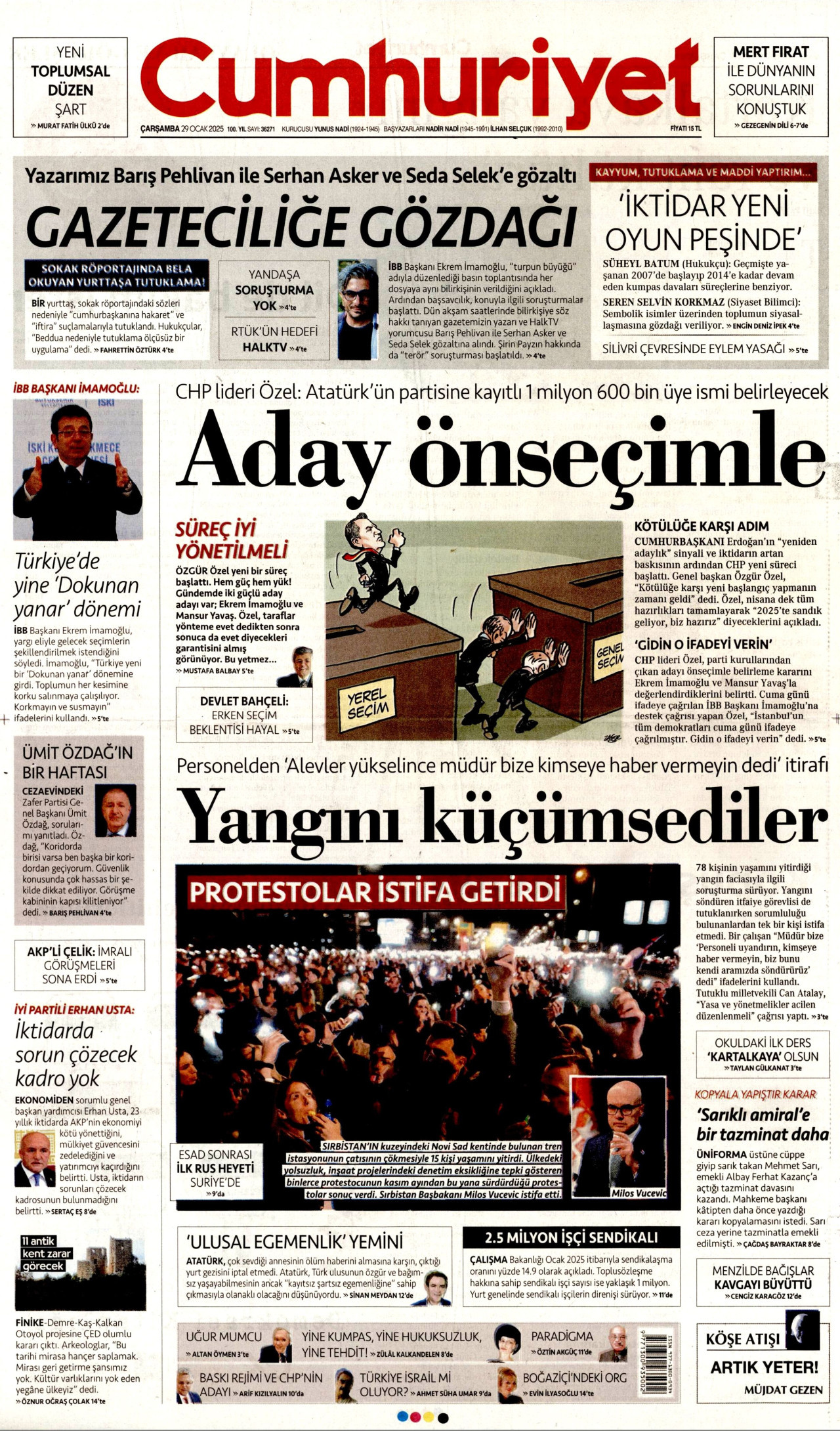 CUMHURİYET gazetesinin 29 Ocak 2025 tarihli birinci sayfası