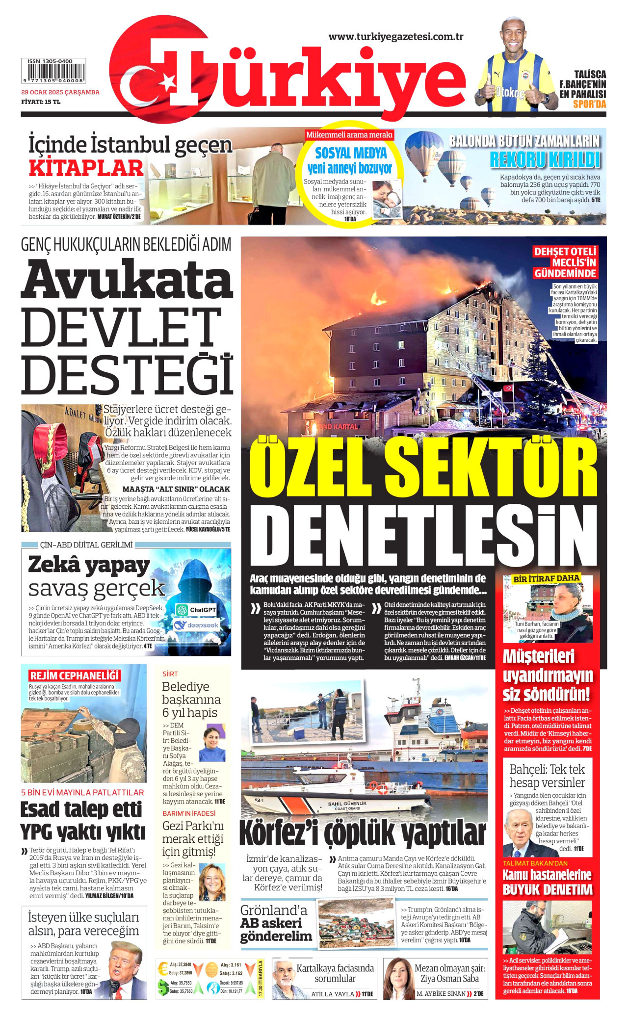 TÜRKİYE GAZETESİ gazetesinin 29 Ocak 2025 tarihli birinci sayfası