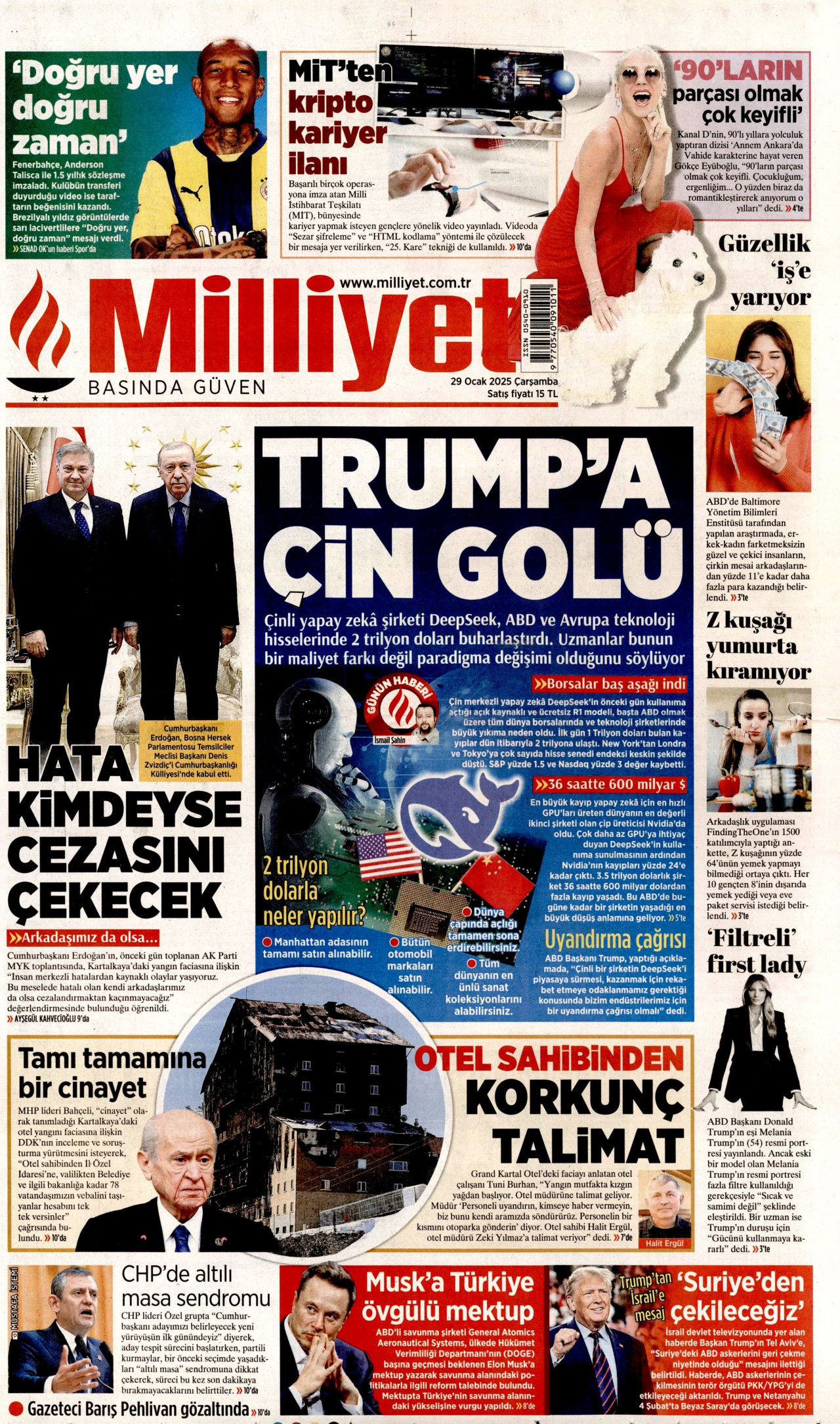 MİLLİYET gazetesinin 29 Ocak 2025 tarihli birinci sayfası