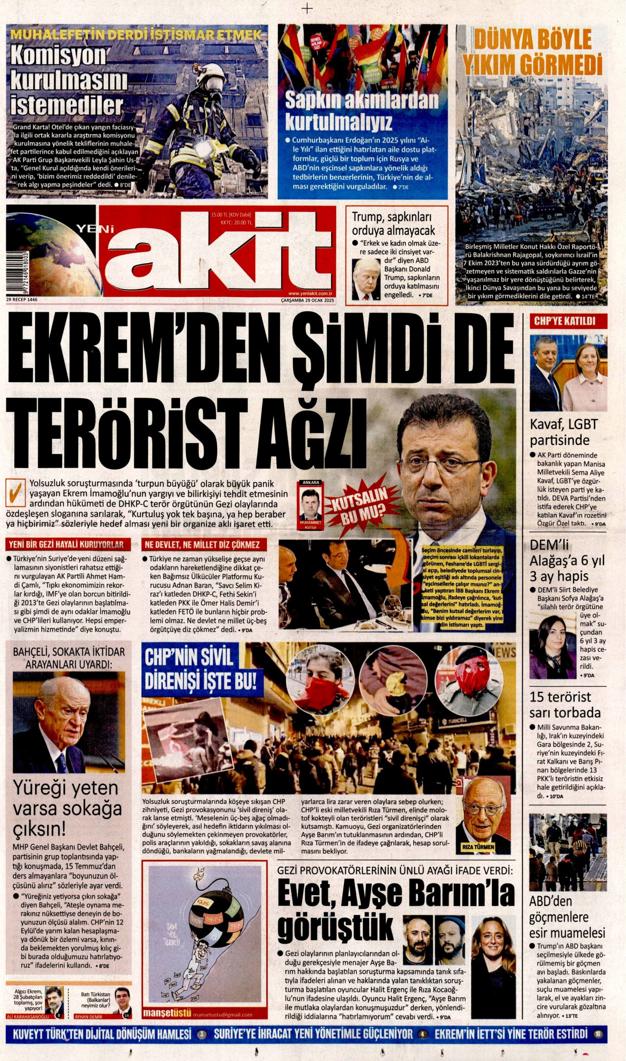 YENİ AKİT gazetesinin 29 Ocak 2025 tarihli birinci sayfası