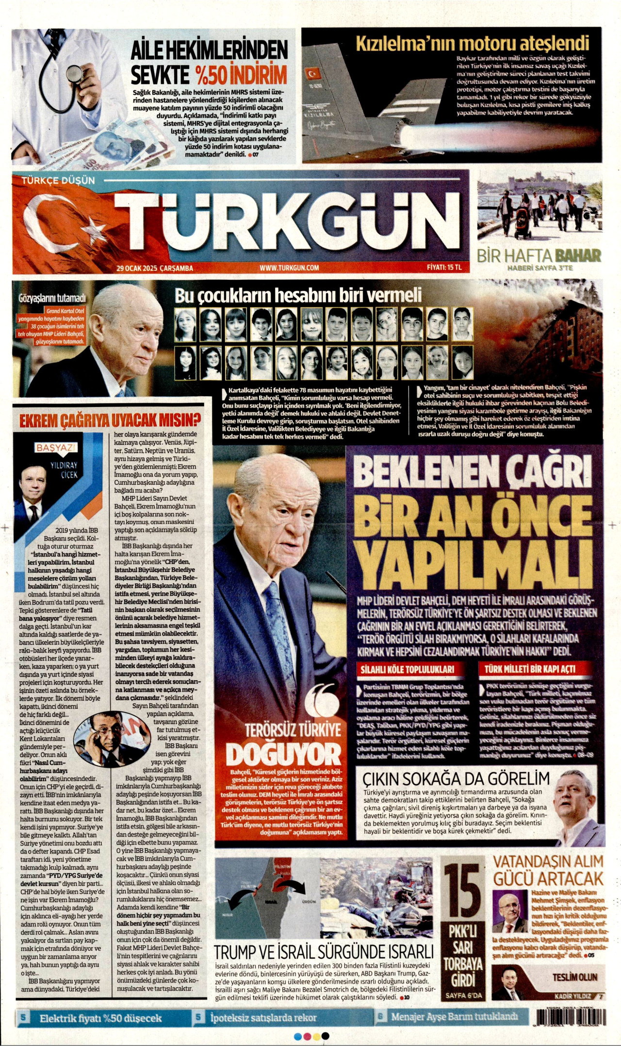 TÜRKGÜN gazetesinin 29 Ocak 2025 tarihli birinci sayfası