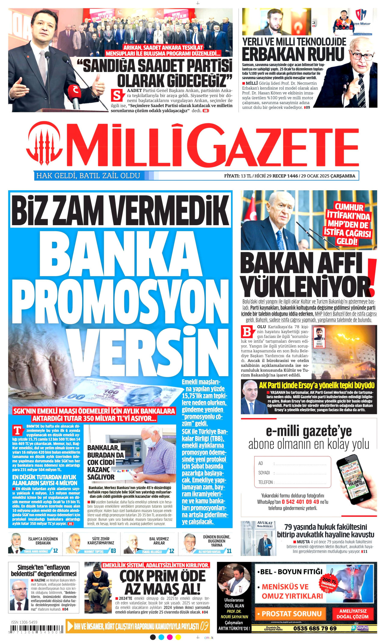MİLLİ GAZETE gazetesinin 29 Ocak 2025 tarihli birinci sayfası
