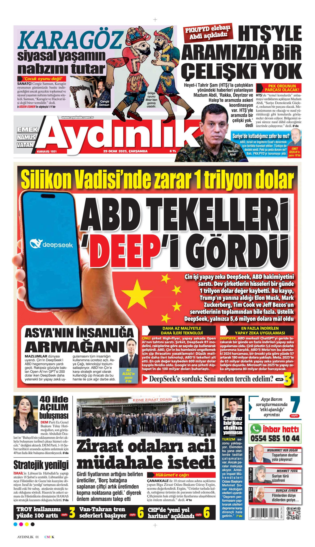 AYDINLIK GAZETESİ gazetesinin 29 Ocak 2025 tarihli birinci sayfası