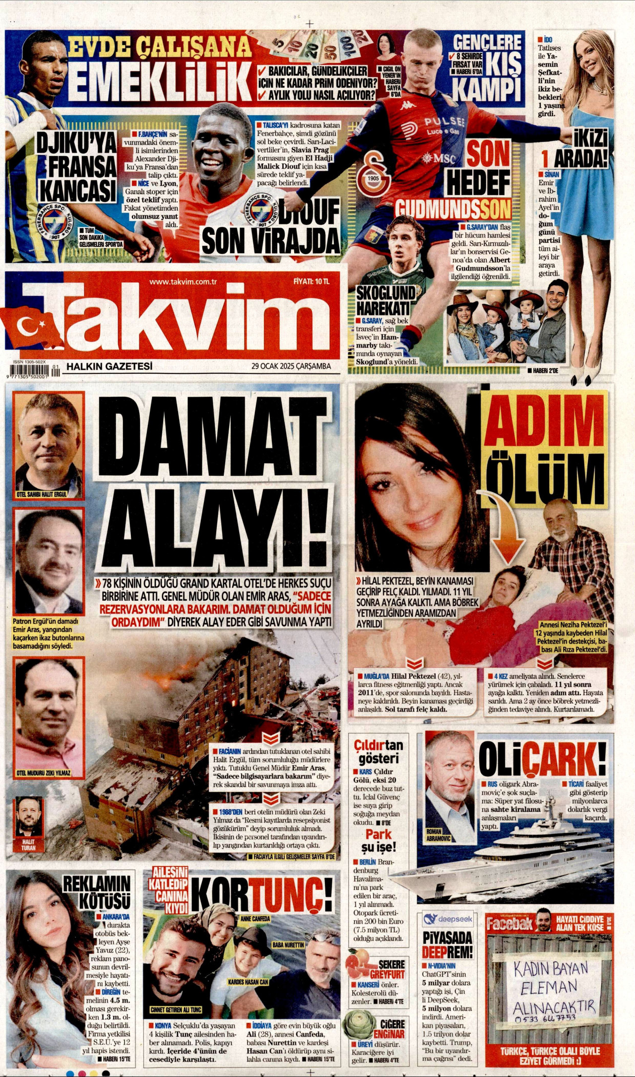 TAKVİM gazetesinin 29 Ocak 2025 tarihli birinci sayfası