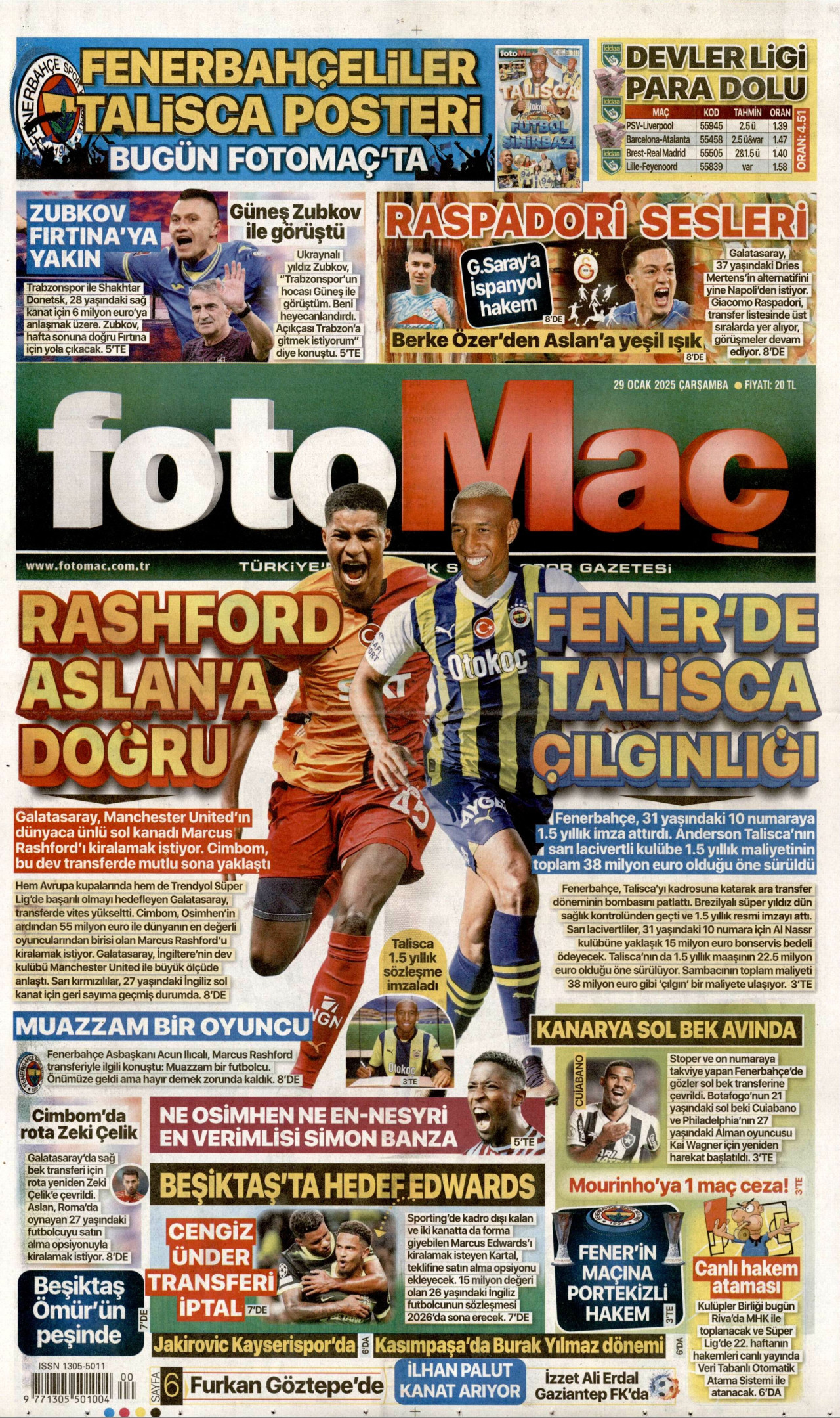 FOTOMAÇ gazetesinin 29 Ocak 2025 tarihli birinci sayfası
