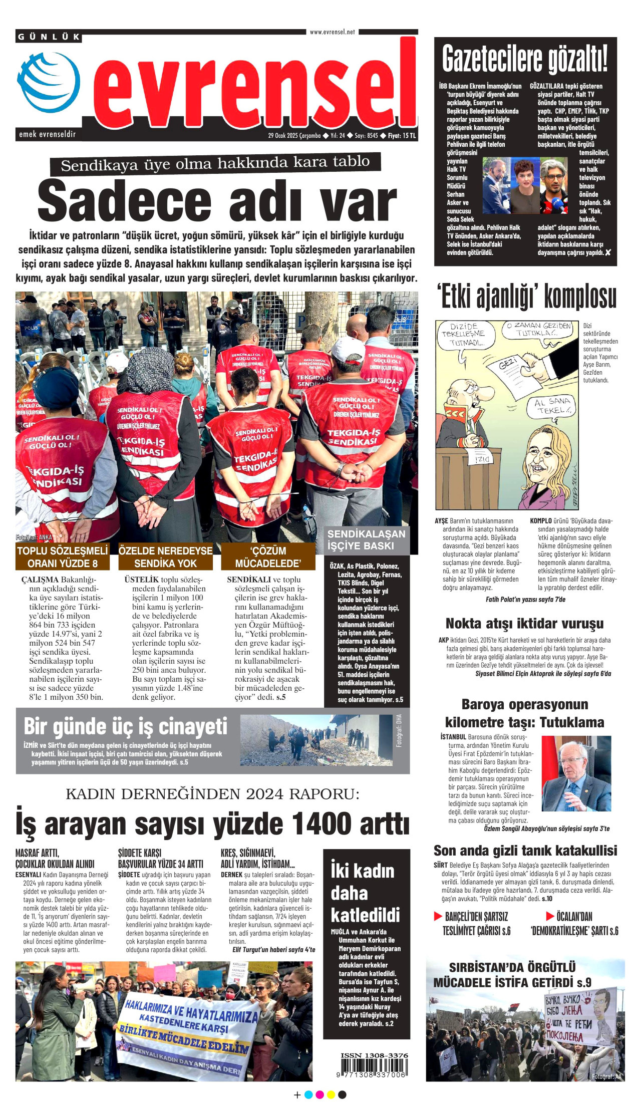 EVRENSEL gazetesinin 29 Ocak 2025 tarihli birinci sayfası