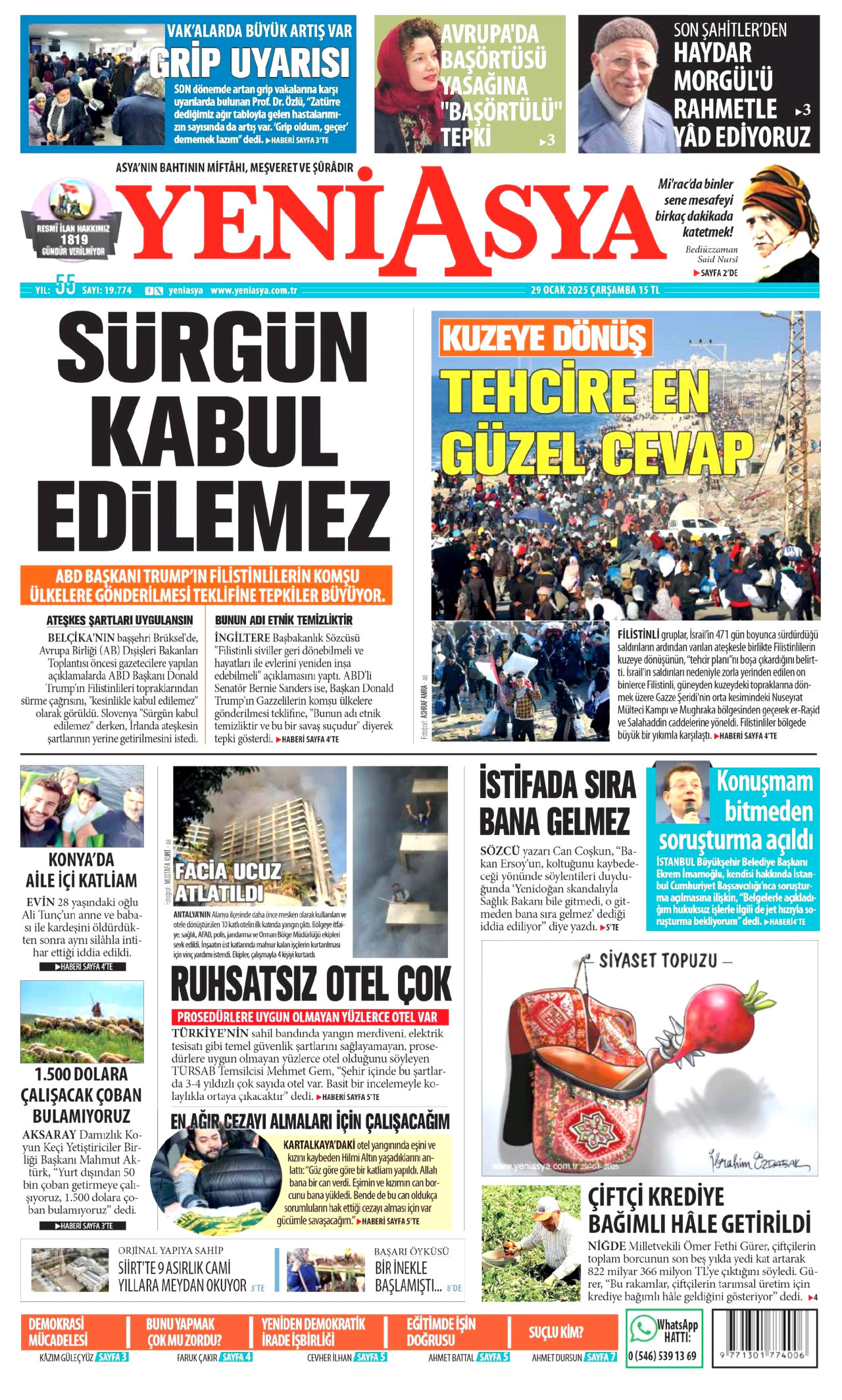 YENİ ASYA gazetesinin 29 Ocak 2025 tarihli birinci sayfası