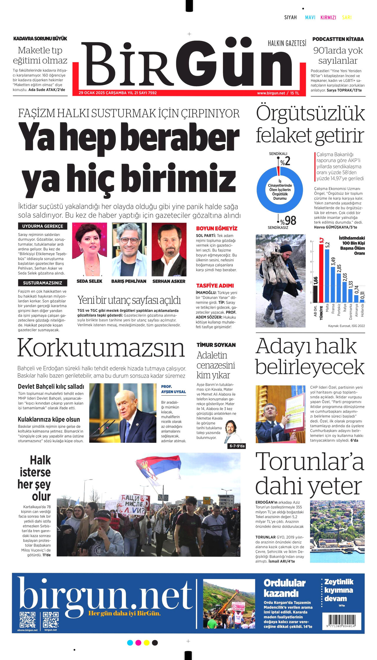 BİRGÜN gazetesinin 29 Ocak 2025 tarihli birinci sayfası