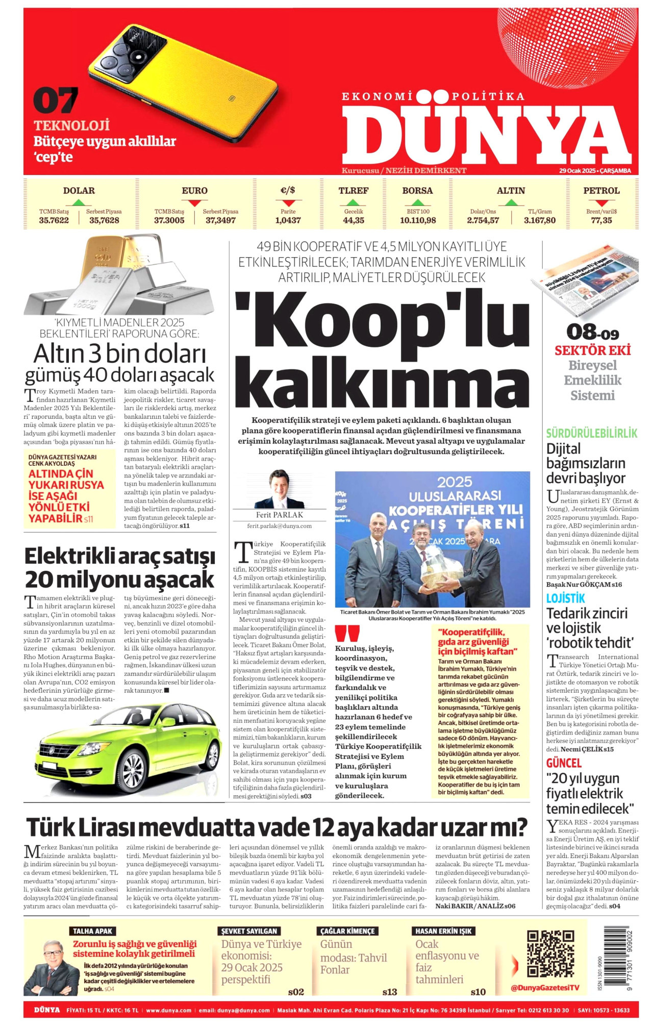 DÜNYA gazetesinin 29 Ocak 2025 tarihli birinci sayfası