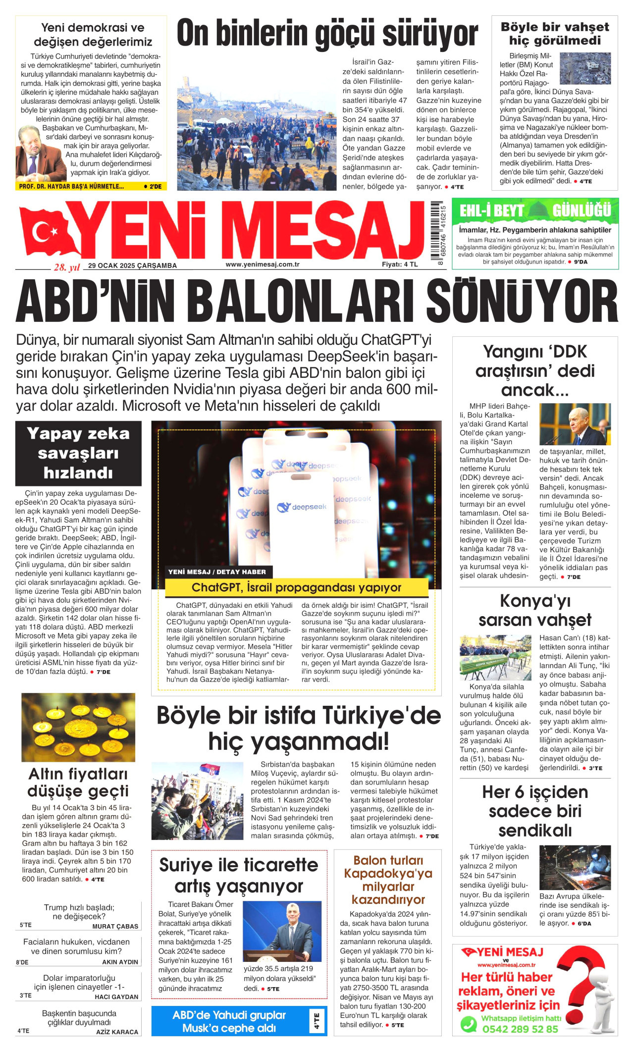 YENİ MESAJ gazetesinin 29 Ocak 2025 tarihli birinci sayfası