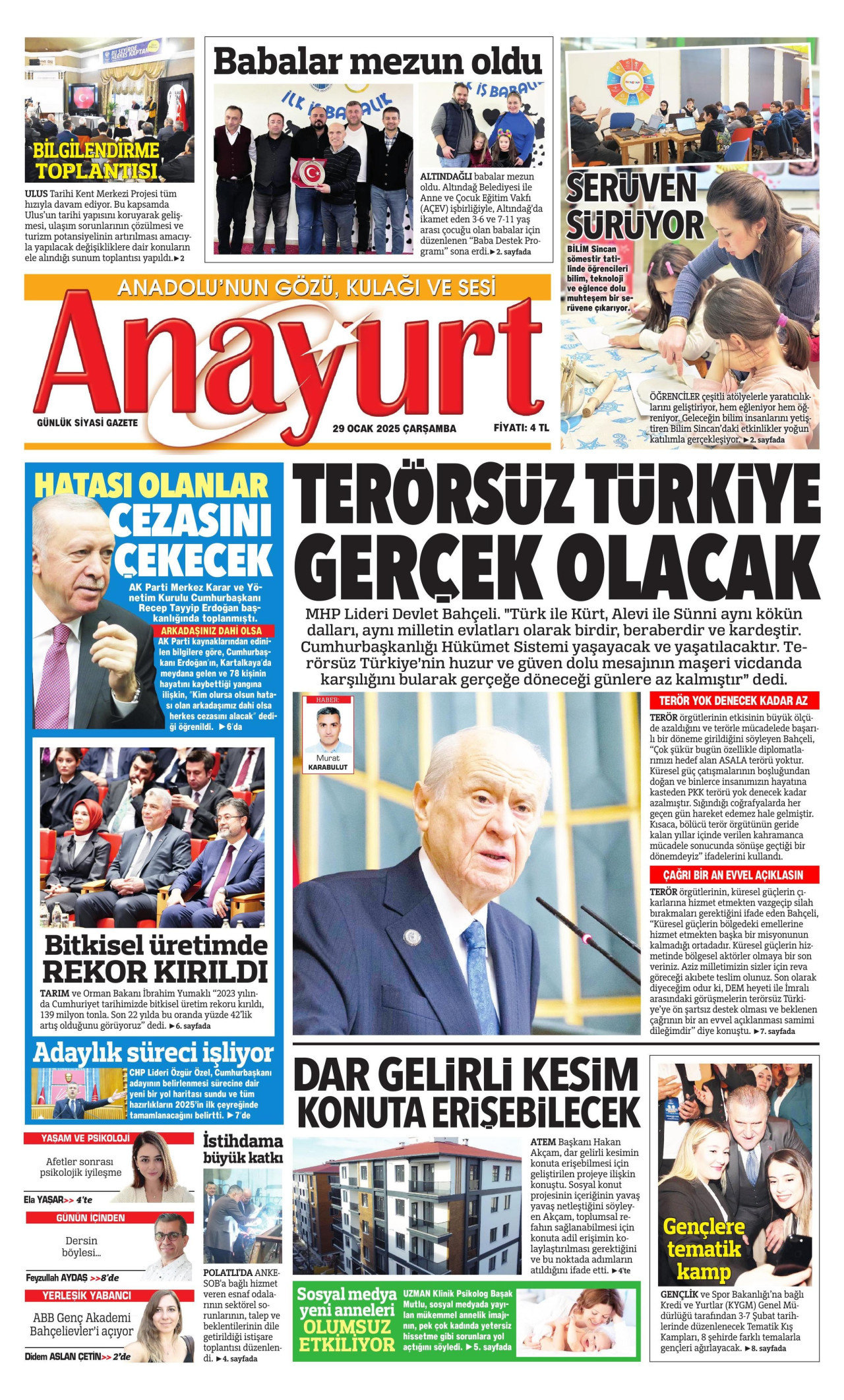 ANAYURT gazetesinin 29 Ocak 2025 tarihli birinci sayfası