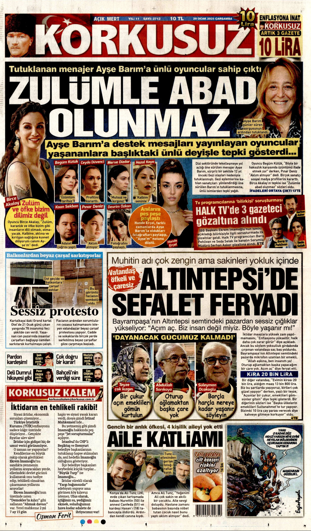 KORKUSUZ gazetesinin 29 Ocak 2025 tarihli birinci sayfası