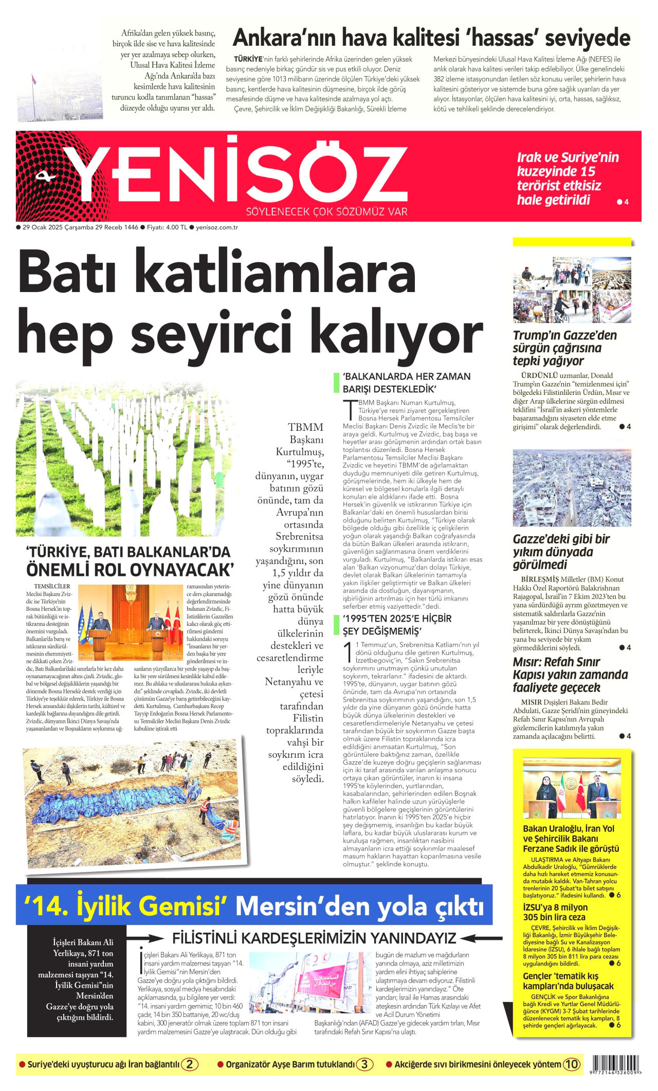 YENİ SÖZ GAZETESİ gazetesinin 29 Ocak 2025 tarihli birinci sayfası