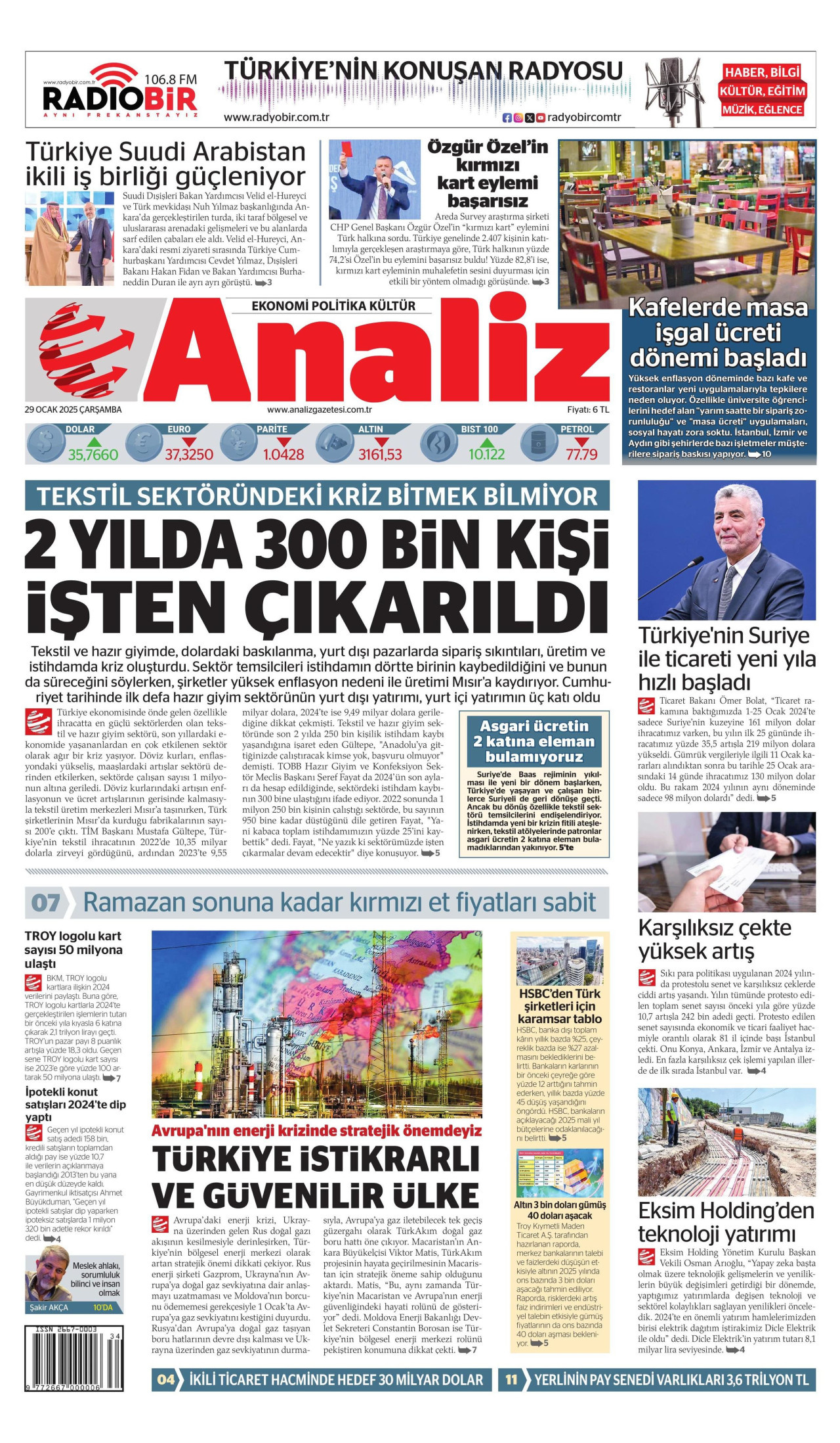 ANALİZ gazetesinin 29 Ocak 2025 tarihli birinci sayfası