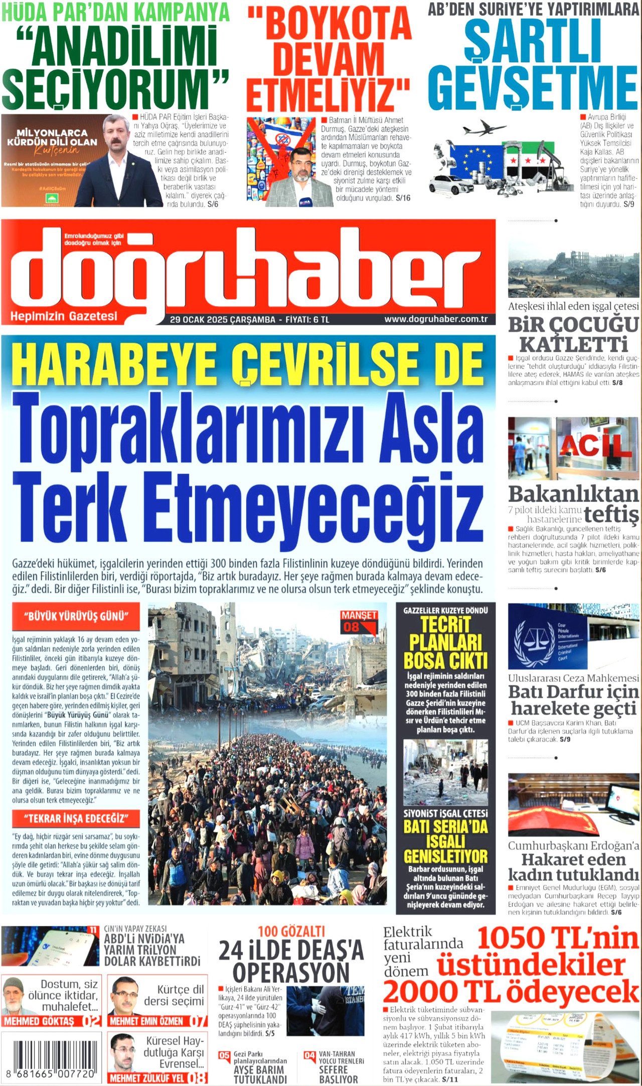 DOĞRU HABER gazetesinin 29 Ocak 2025 tarihli birinci sayfası