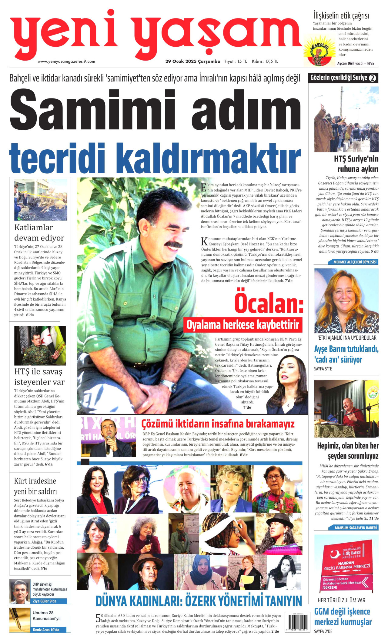 YENİ YAŞAM gazetesinin 29 Ocak 2025 tarihli birinci sayfası