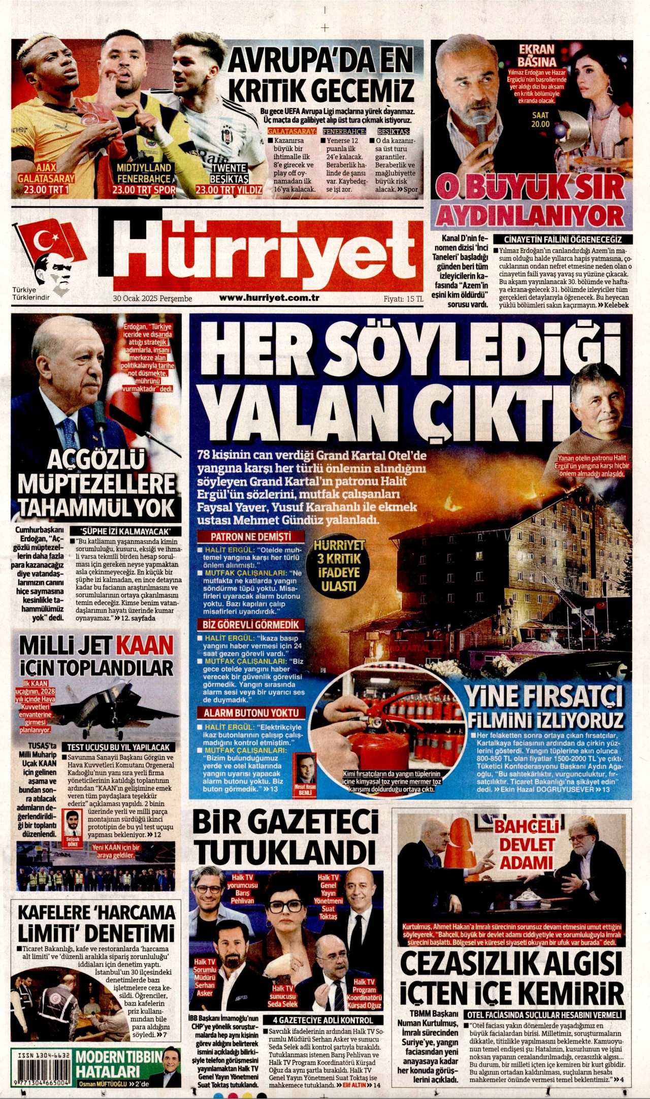 HÜRRİYET gazetesinin 30 Ocak 2025 tarihli birinci sayfası