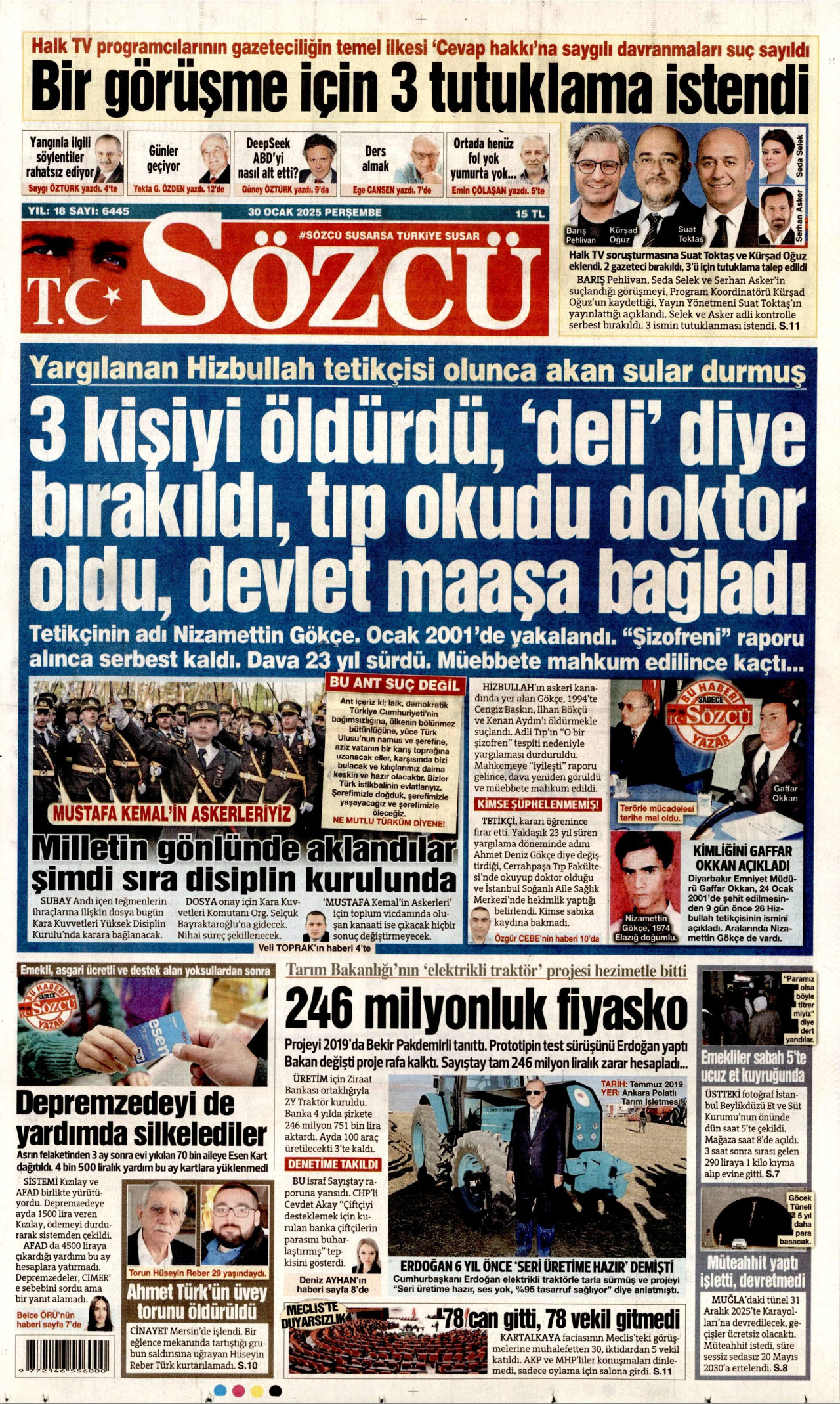 SÖZCÜ gazetesinin 30 Ocak 2025 tarihli birinci sayfası