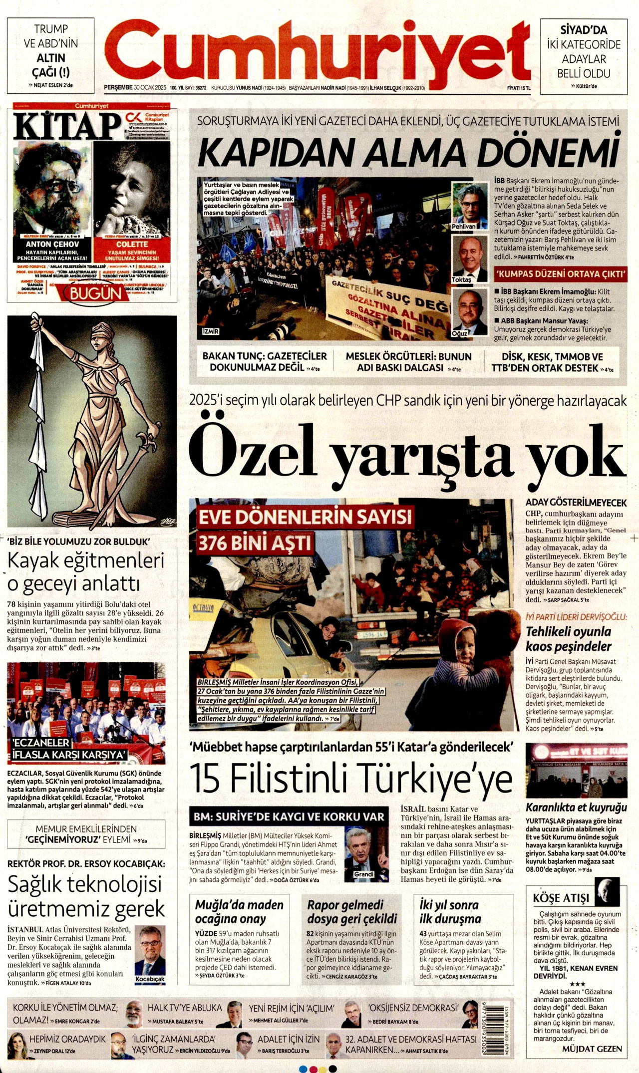 CUMHURİYET gazetesinin 30 Ocak 2025 tarihli birinci sayfası