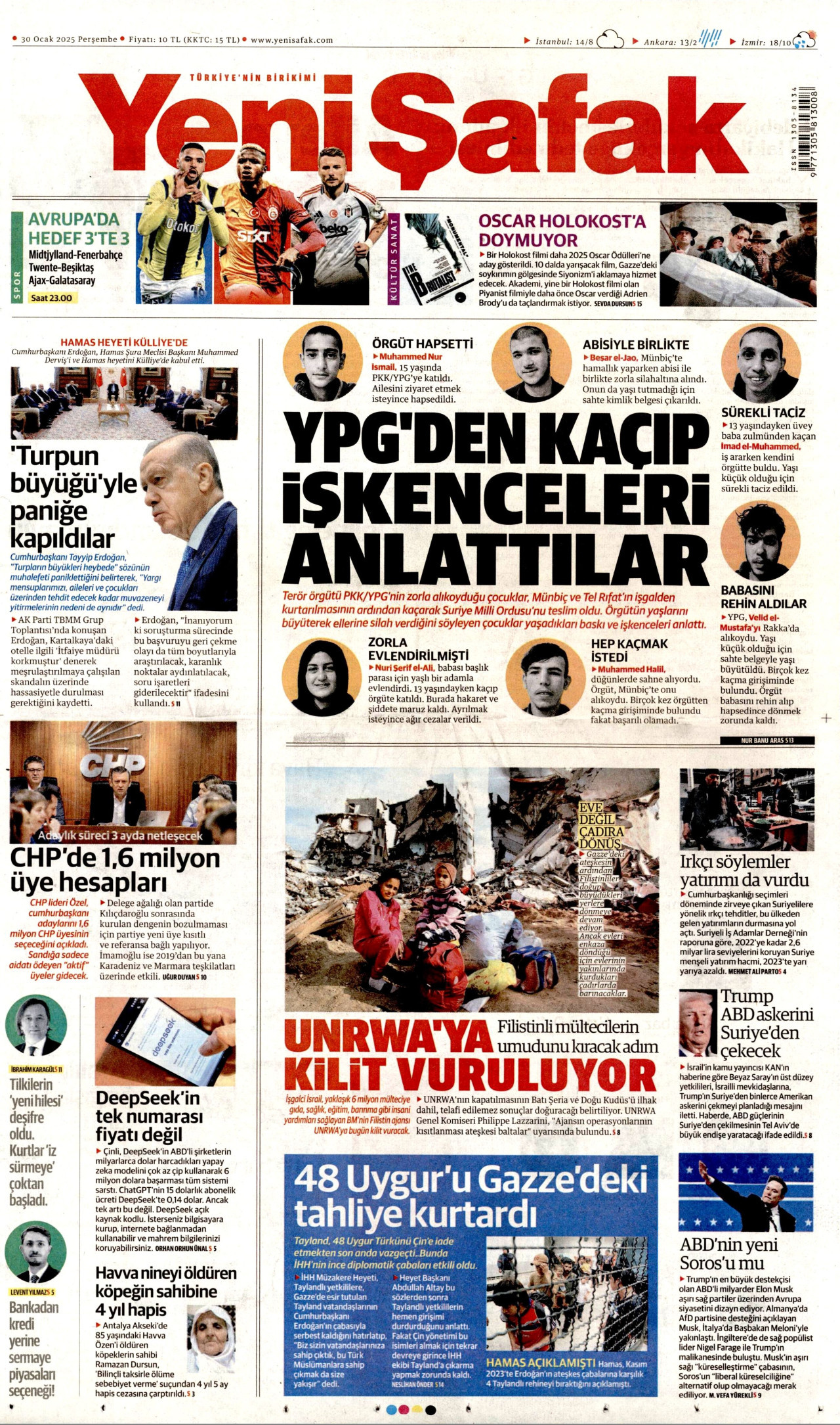 YENİ ŞAFAK gazetesinin 30 Ocak 2025 tarihli birinci sayfası