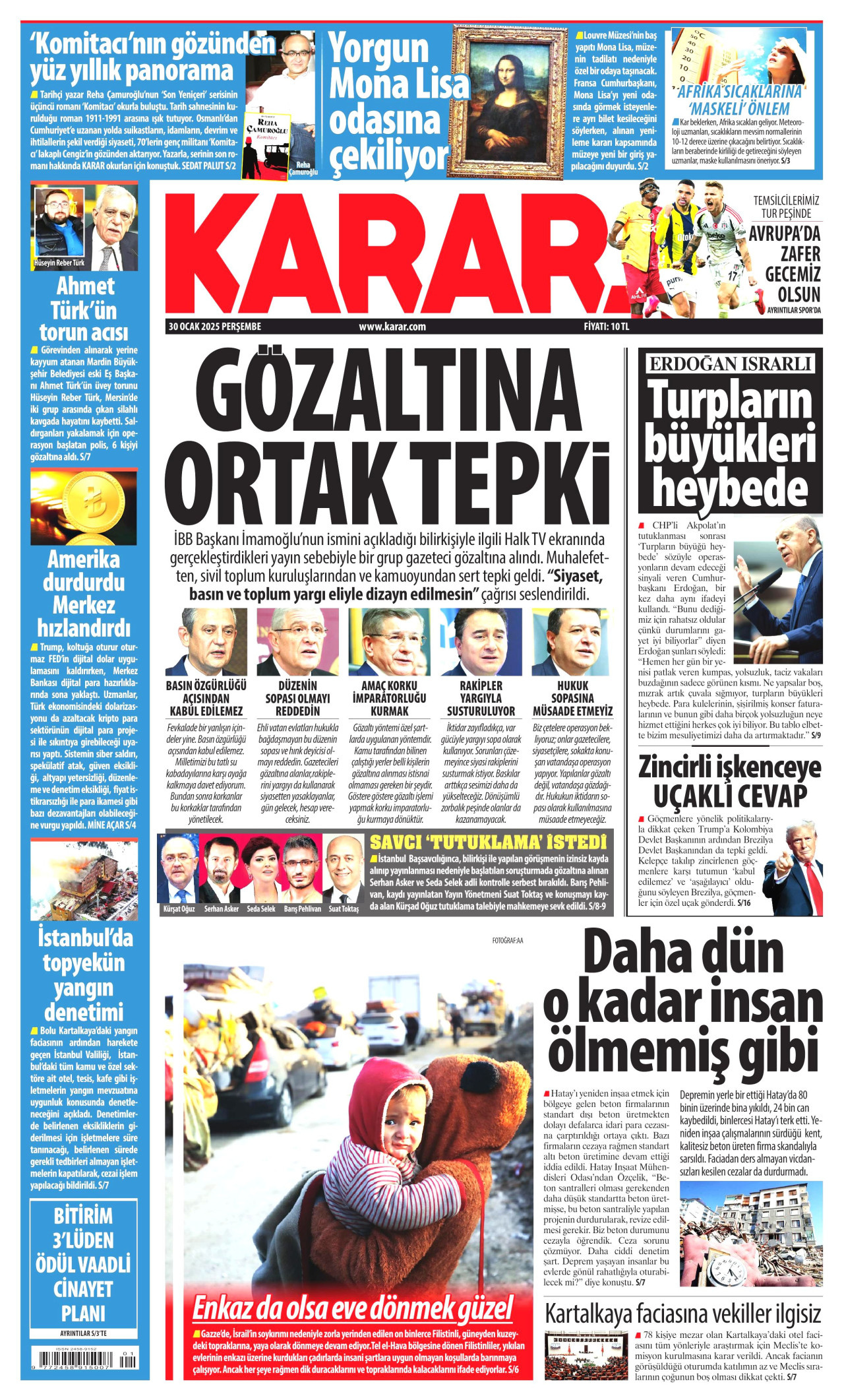 KARAR gazetesinin 30 Ocak 2025 tarihli birinci sayfası
