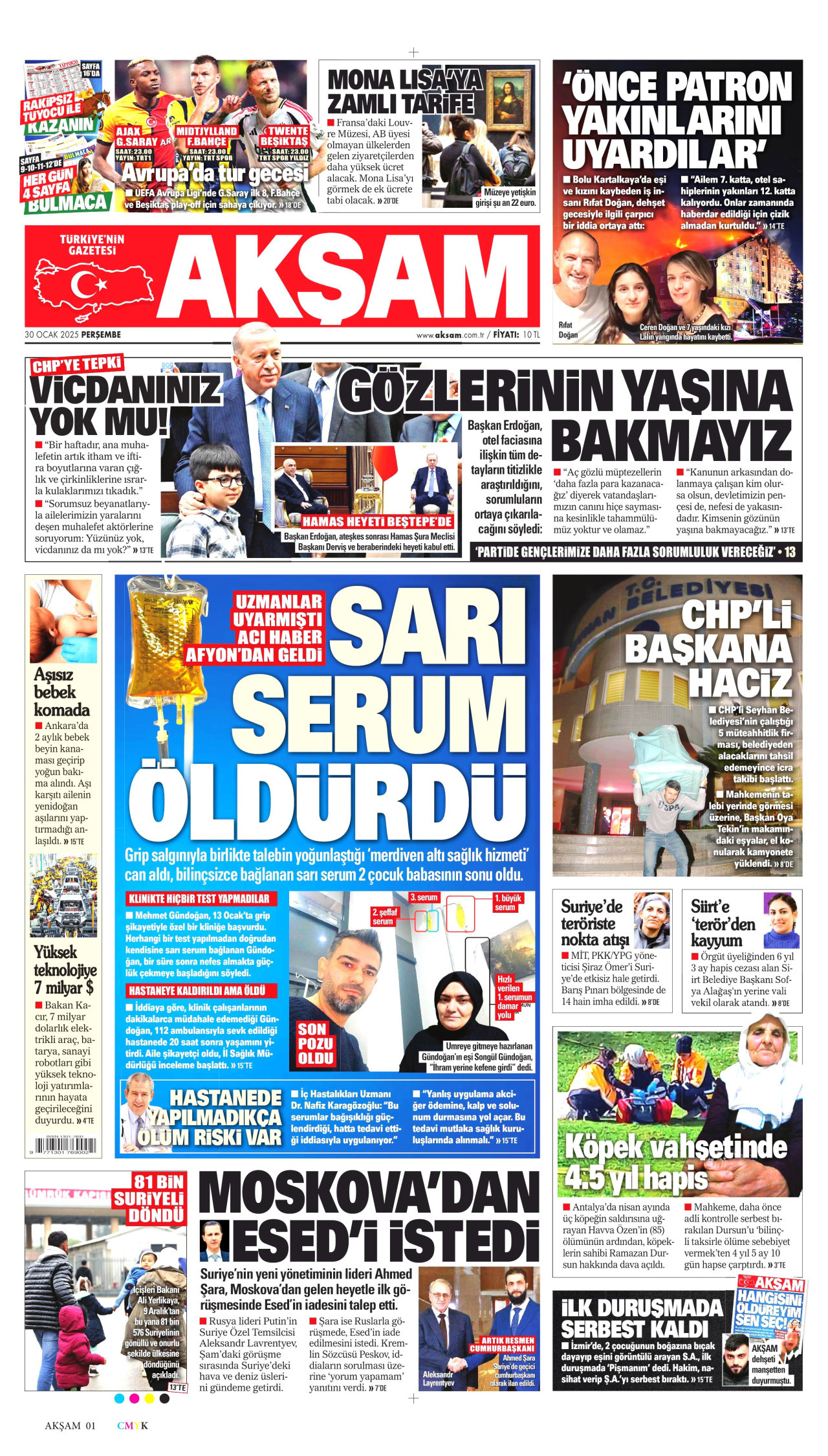 AKŞAM gazetesinin 30 Ocak 2025 tarihli birinci sayfası