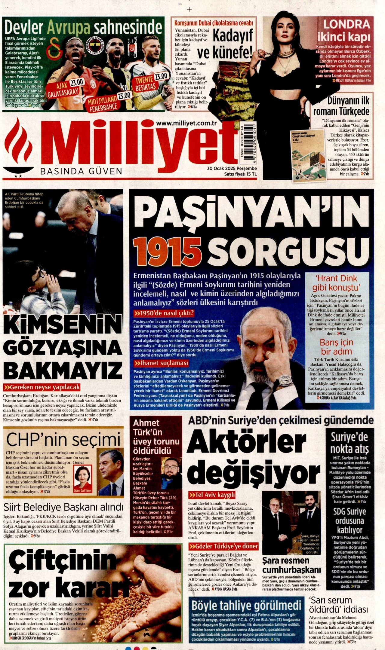 MİLLİYET gazetesinin 30 Ocak 2025 tarihli birinci sayfası