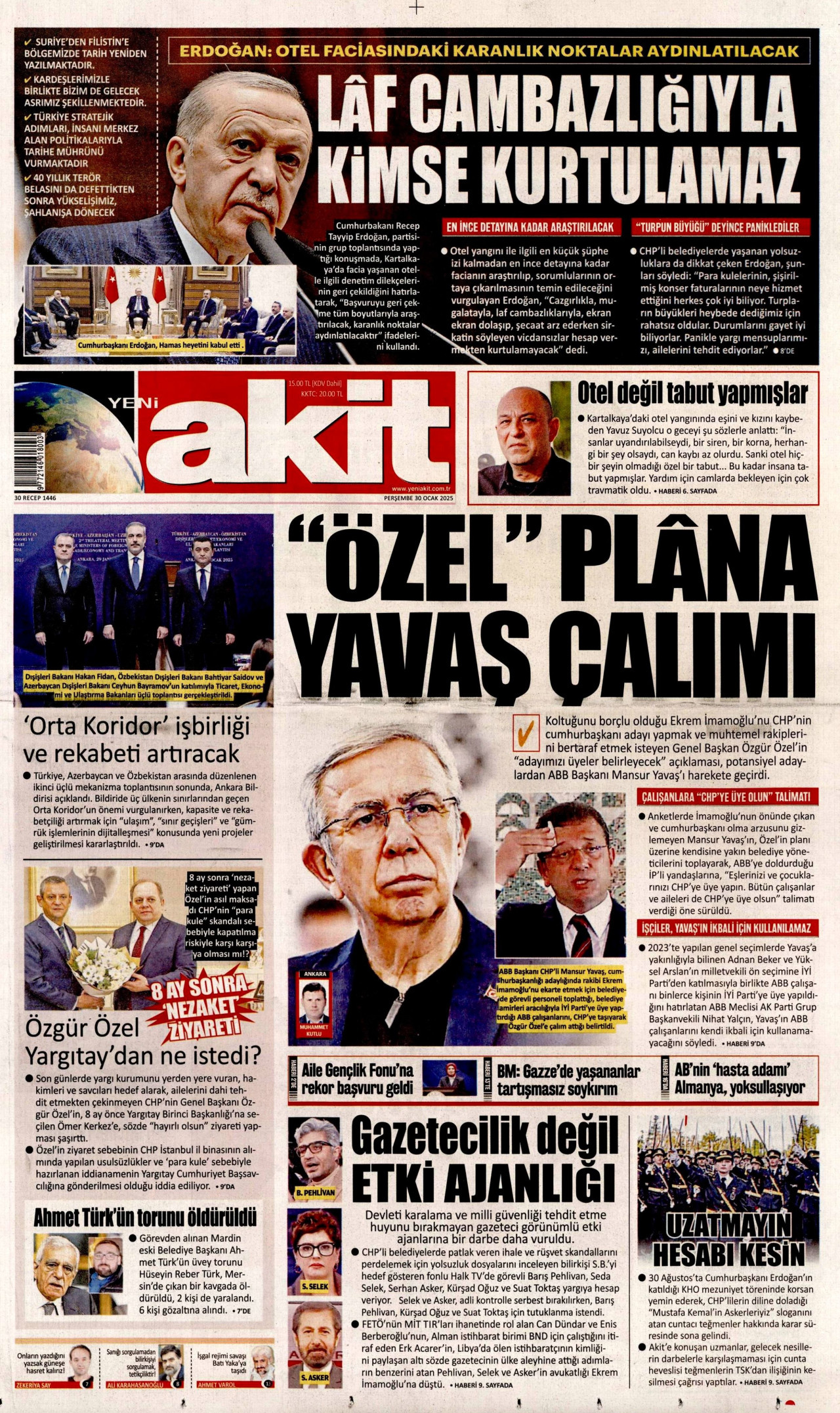 YENİ AKİT gazetesinin 30 Ocak 2025 tarihli birinci sayfası
