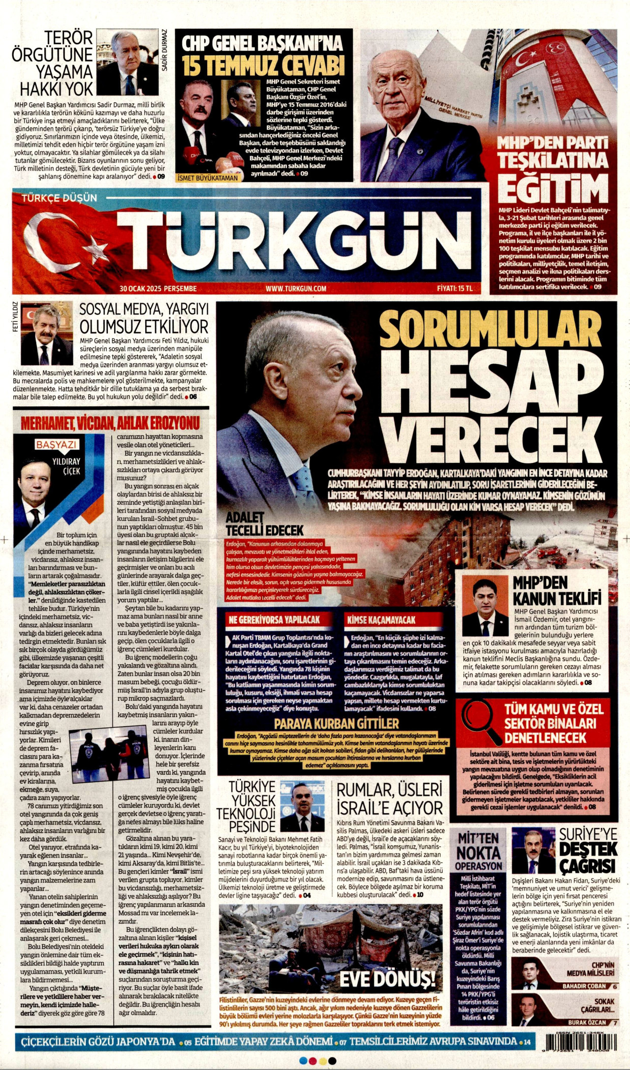 TÜRKGÜN gazetesinin 30 Ocak 2025 tarihli birinci sayfası