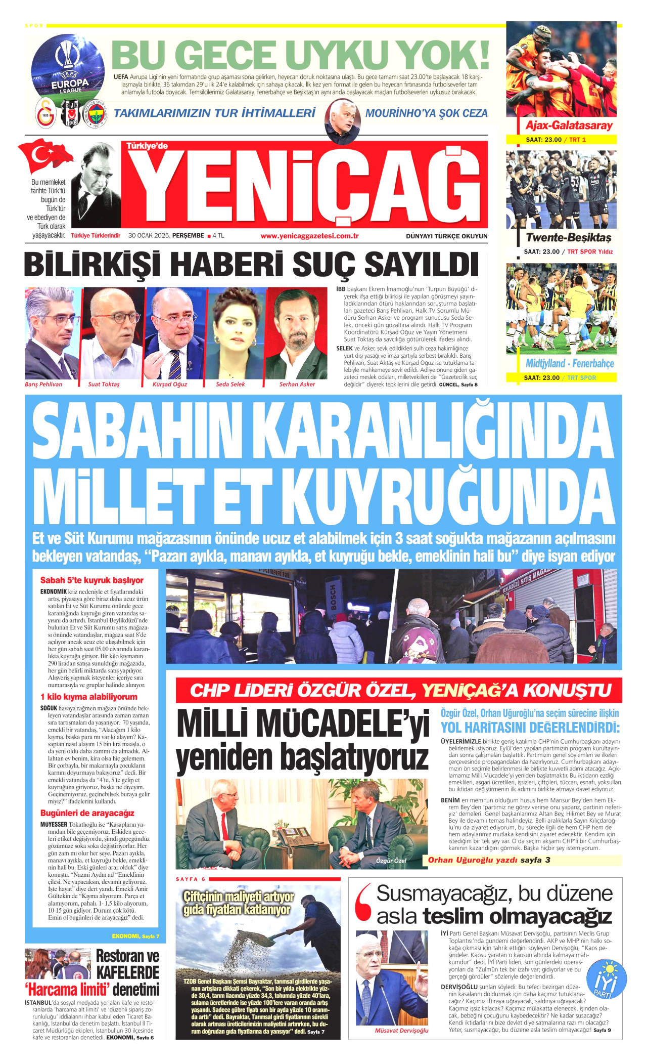 YENİÇAĞ gazetesinin 30 Ocak 2025 tarihli birinci sayfası