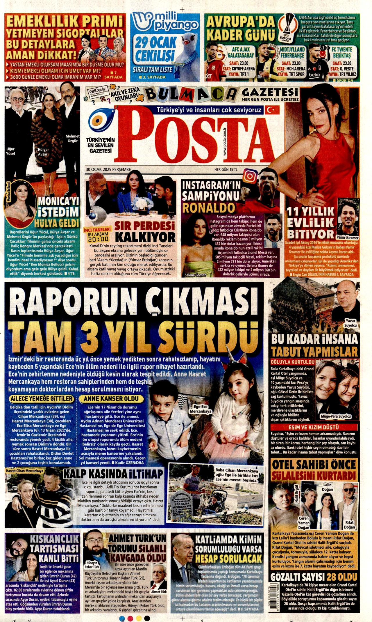 POSTA gazetesinin 30 Ocak 2025 tarihli birinci sayfası