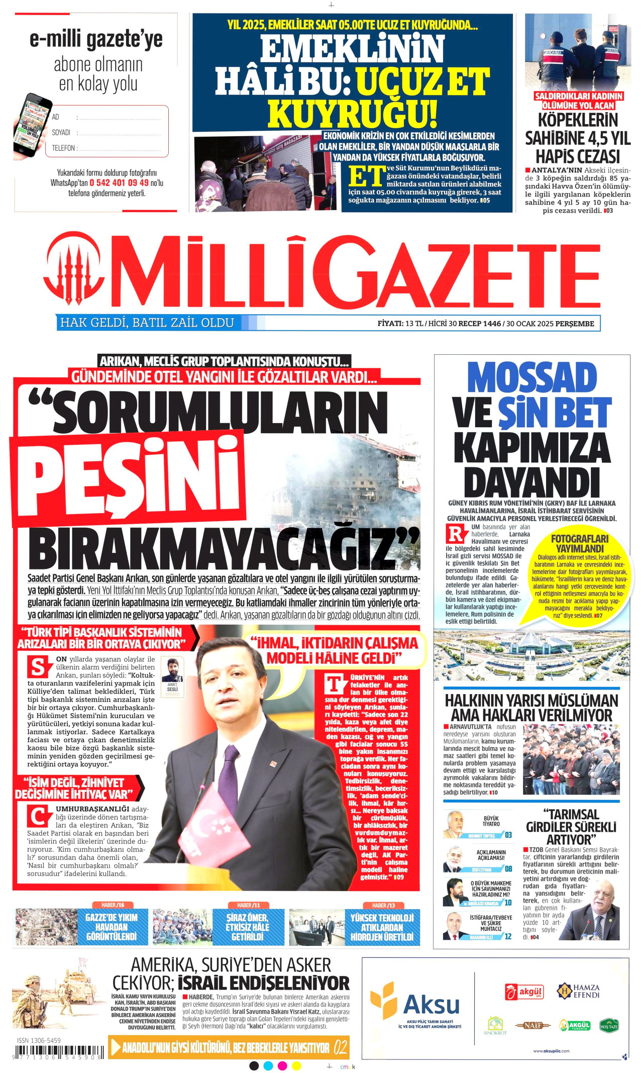 MİLLİ GAZETE gazetesinin 30 Ocak 2025 tarihli birinci sayfası