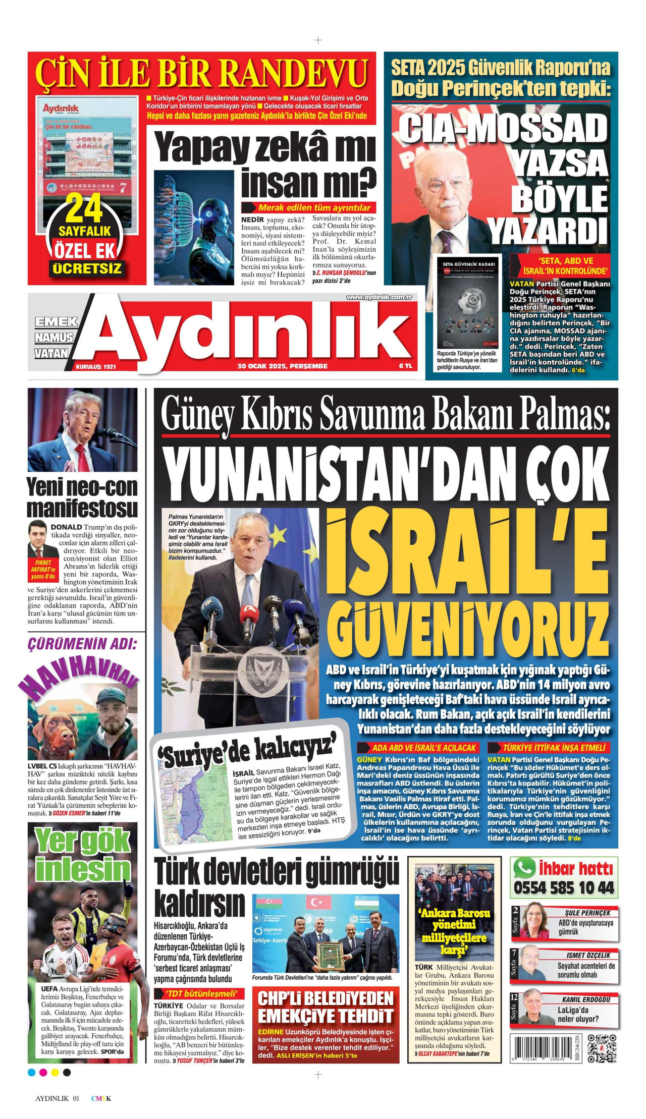 AYDINLIK GAZETESİ gazetesinin 30 Ocak 2025 tarihli birinci sayfası