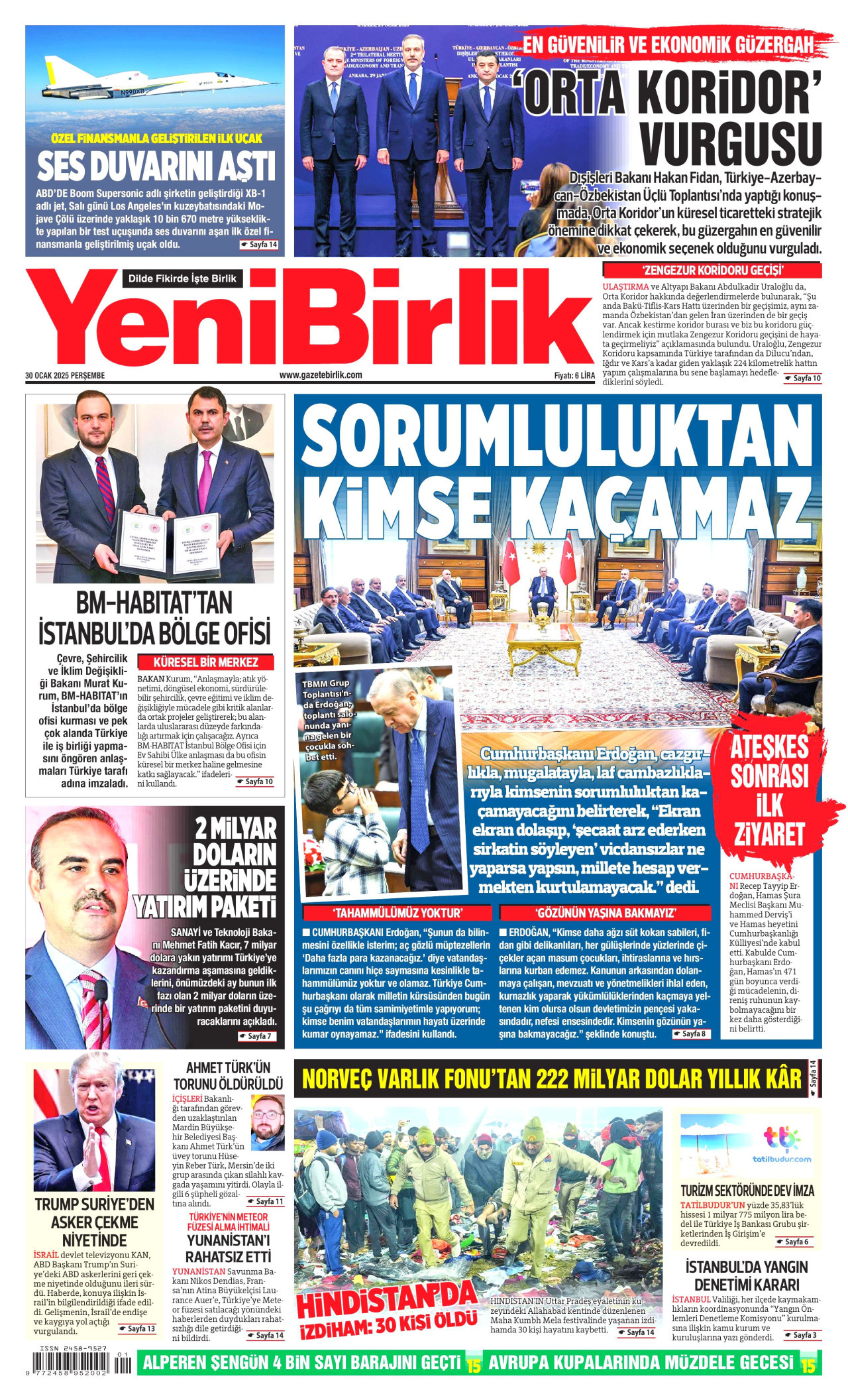YENİBİRLİK gazetesinin 30 Ocak 2025 tarihli birinci sayfası