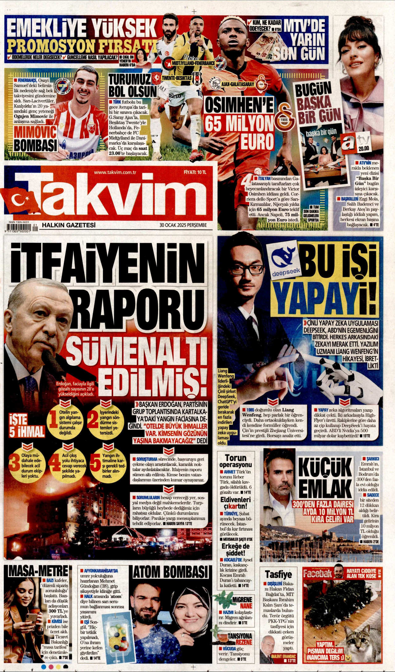 TAKVİM gazetesinin 30 Ocak 2025 tarihli birinci sayfası