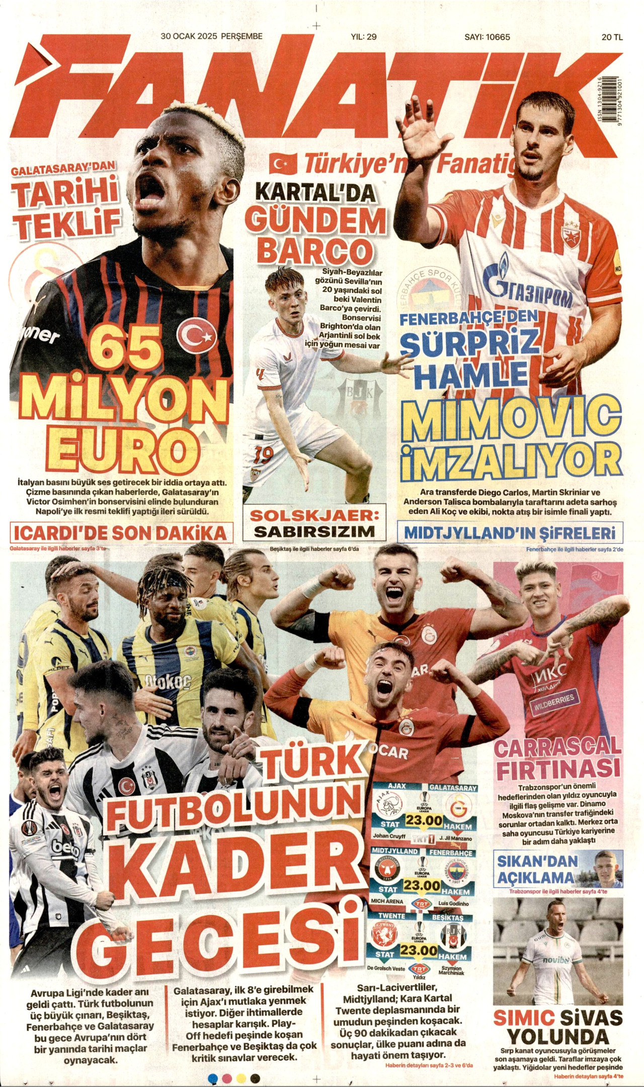 FANATİK gazetesinin 30 Ocak 2025 tarihli birinci sayfası